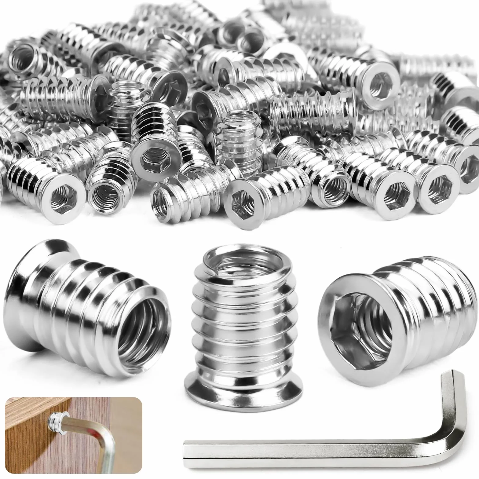 SWTYExt Nakrętki wkręcane M6 x 15 mm, 30 sztuk, wkładki gwintowane do drewna M6, nakrętki sześciokątne, tuleje gwintowane, ocynkowane, do stali, sosny, sklejki, płyt kompozytowych