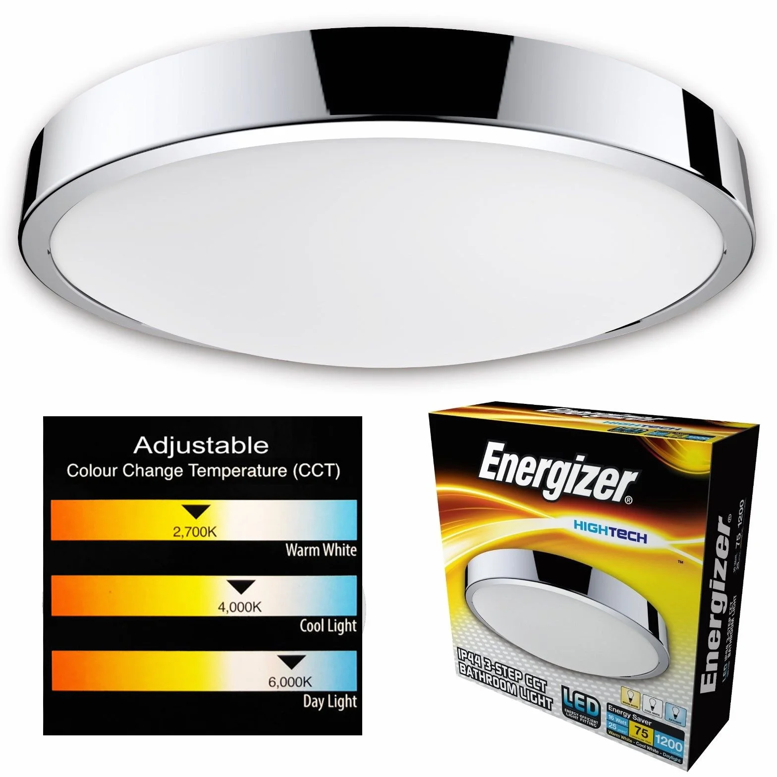 Energizer Lampa sufitowa LED do łazienki CCT - wodoodporna IP44 zmiana temperatury barwowej światła - przełączanie z 2700 K ciepła biel do 4000 K zimna biel na 6000 K światło dzienne