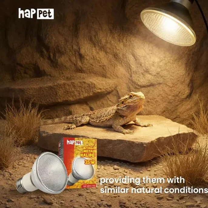 HAPPET Terra Żarówka Metahalogenowa 35 W – 3 w 1 Światło Dzienne do Terrarium – Ciepło, UVA i UVB w Jednej Lampie z Gwintem E27 – Pełne Spektrum dla Gadów i Płazów