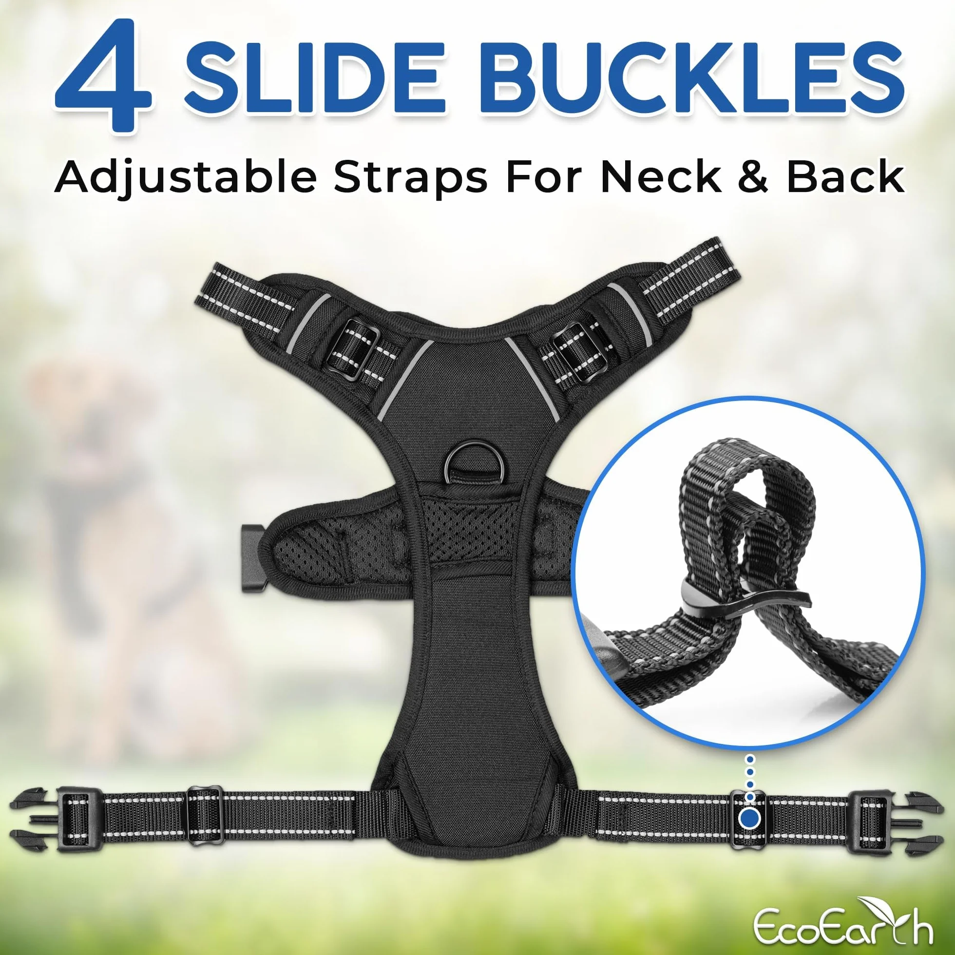 Dog Harness for Medium Dogs - Medium, Black - Soft Padded, Adjustable No Pull Design Pet Harness for Running and Hiking - by EcoEarth