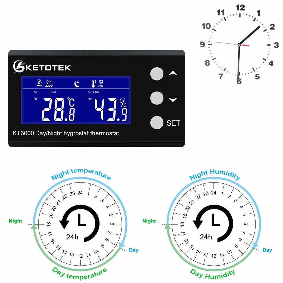 KETOTEK Termostat gniazdko z higrostatem cyfrowym z programatorem czasowym w dzień/noc, regulator temperatury, regulator wilgotności, gniazdko z czujnikiem 230 V, regulator temperatury i wilgotności