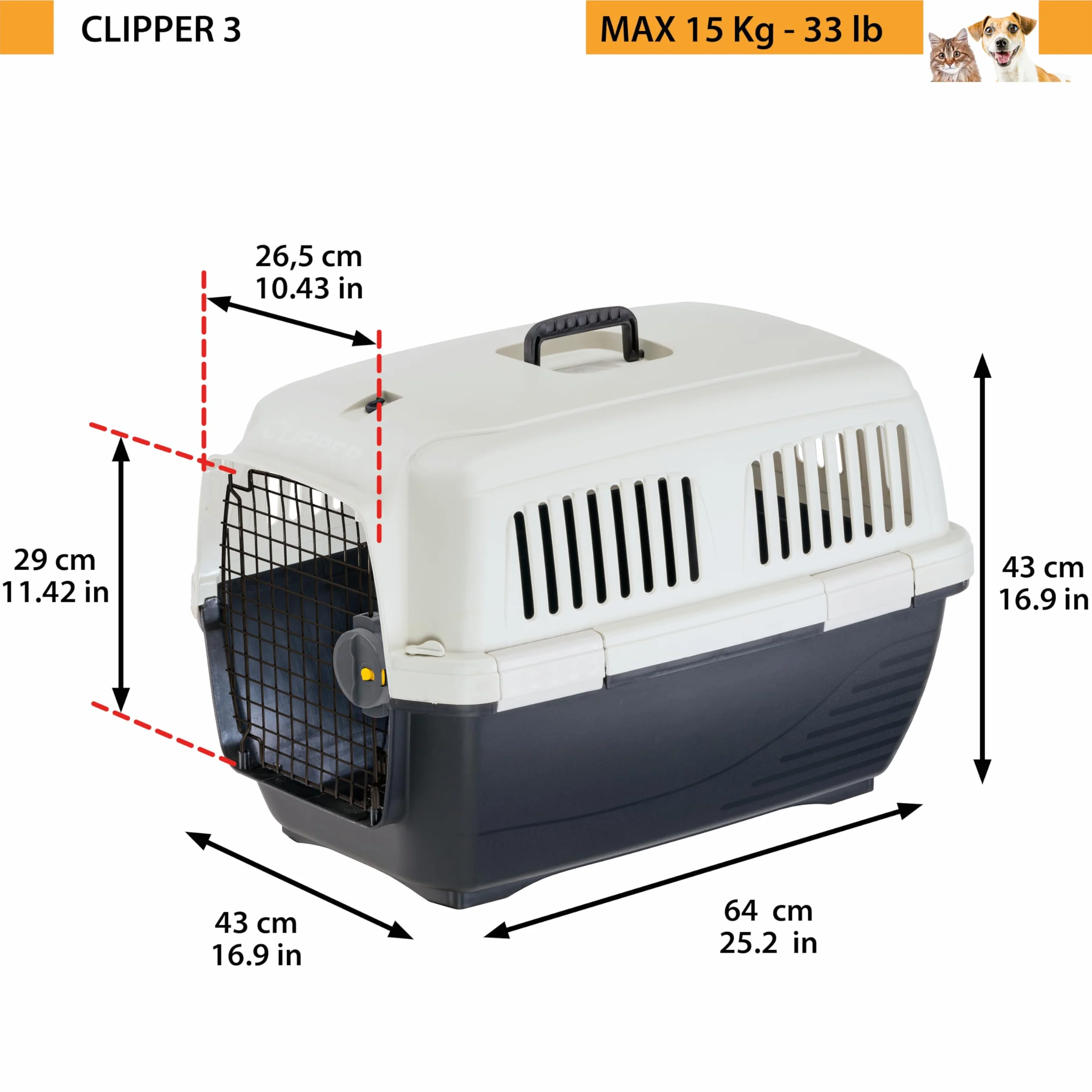 Ferplast Transporter Cat CLIPPER 3 IATA dla małych psów i kotów max 15 kg 57 x 37 x h 36 cm stalowe drzwi