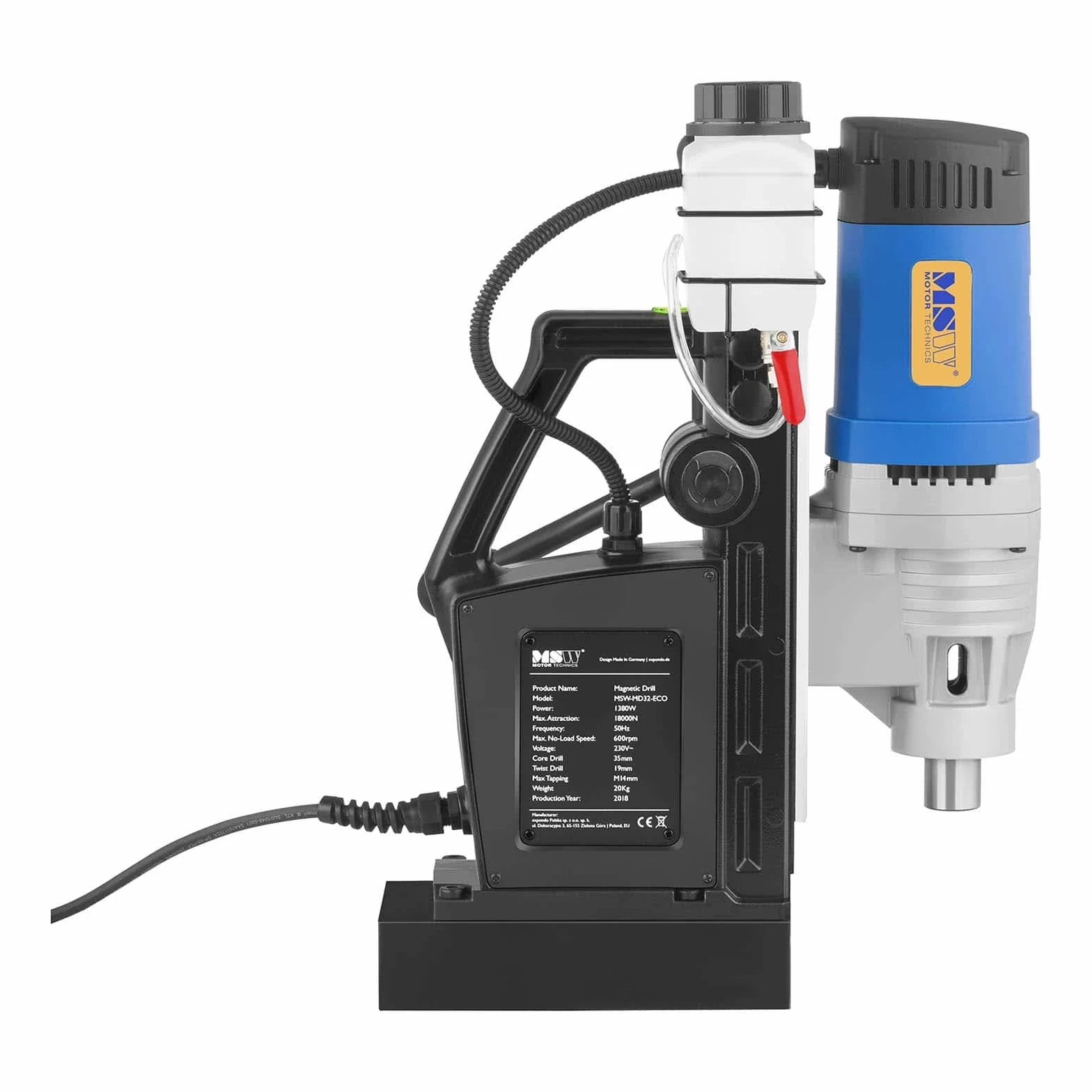 MSW Wiertarka magnetyczna Wiertarka rdzeniowa Frezarka Kolumna elektromagnetyczna MSW-MD32-ECO (1300 W, 600 obr./min, średnica rdzenia do 35 mm, maks. głębokość 50 mm)