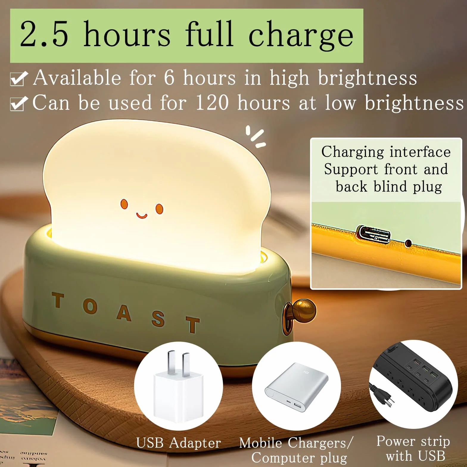 TNSLAND Toast Lampka Nocna dla Dzieci, Kawaii LED z Timerem, do Pokoju Dziecięcego, Ładowana przez USB, dla Niemowląt, do Karmienia, Uśmiech