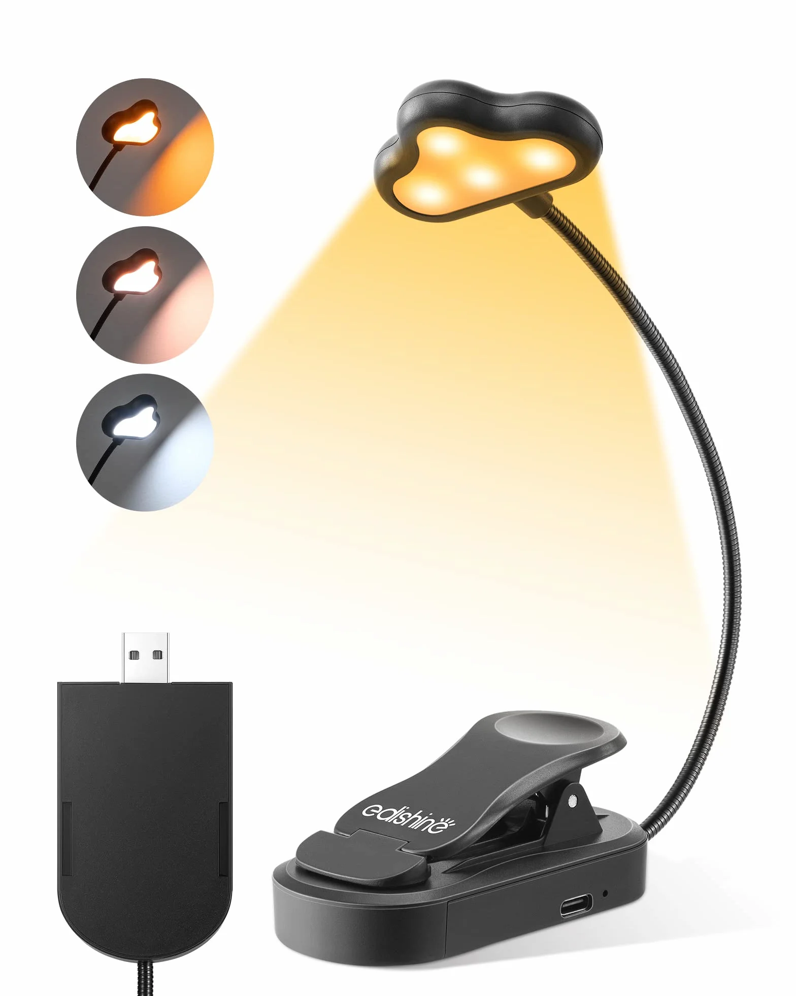 EDISHINE Lampa do czytania z 8 diodami LED USB z możliwością ładowania 360°, elastyczna szyja łabędzia, 3 temperatury barwowe i ciągłe ściemnianie, ochrona oczu, lampa zaciskowa do czytania w łóżku,