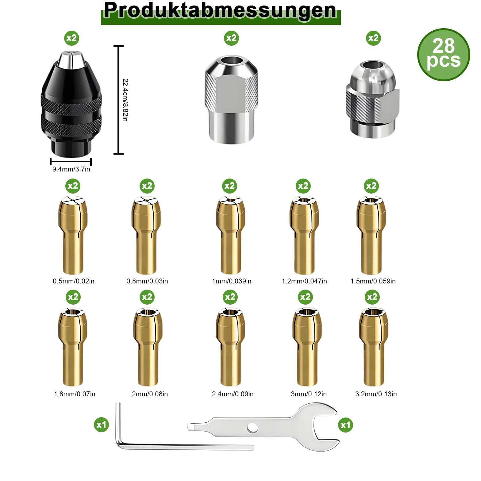 Zestaw adapterów do uchwytu wiertarskiego, zestaw tulei zaciskowych do Dremel, 0,5 mm do 3,2 mm 4486, uchwyt wiertarski sześciokątny i mosiężna tuleja zaciskowa 4485, metalowa nakrętka do wierteł