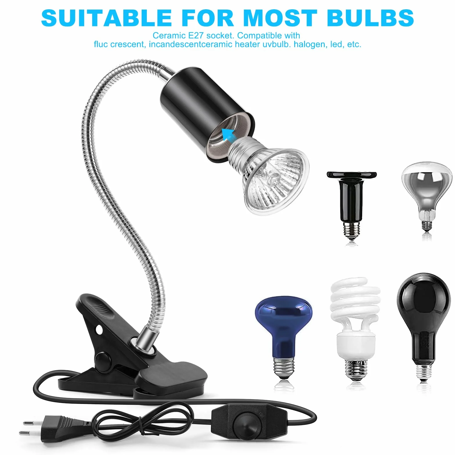 Lampa żółwia, lampa dla gadów z 1 oprawką E27 i 2 żarówkami UVA UVB o mocy 50 W i obrotowym zaciskiem 360 °, lampa dla gadów dla żółwia, węża, jaszczurki, kameleona