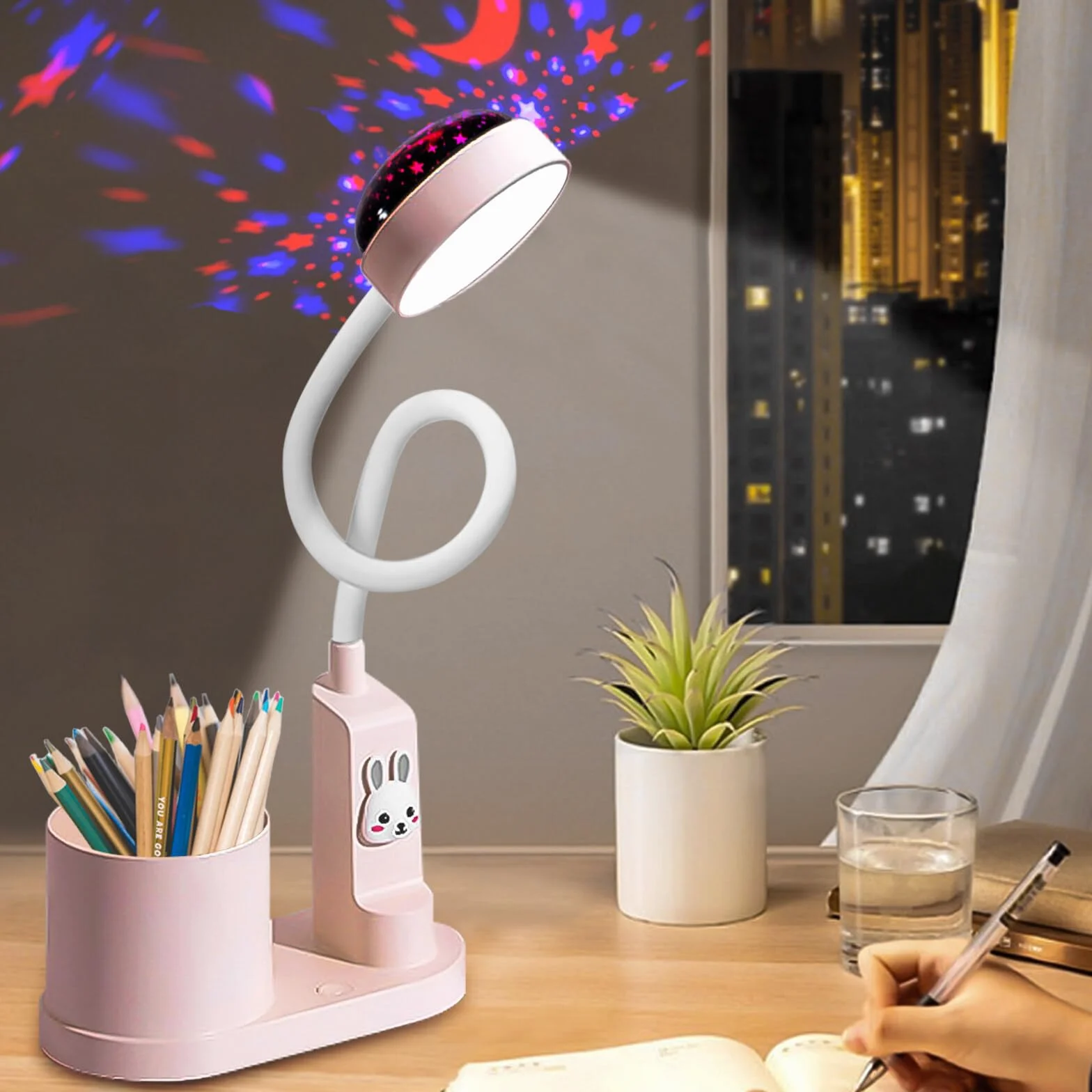Aicharynic Lampka biurkowa dla dzieci, lampka nocna LED, z uchwytem na długopis, lampa stołowa LED, ściemniana, niebo, lampa stołowa, możliwość ponownego ładowania, regulowana 360°, z projekcją