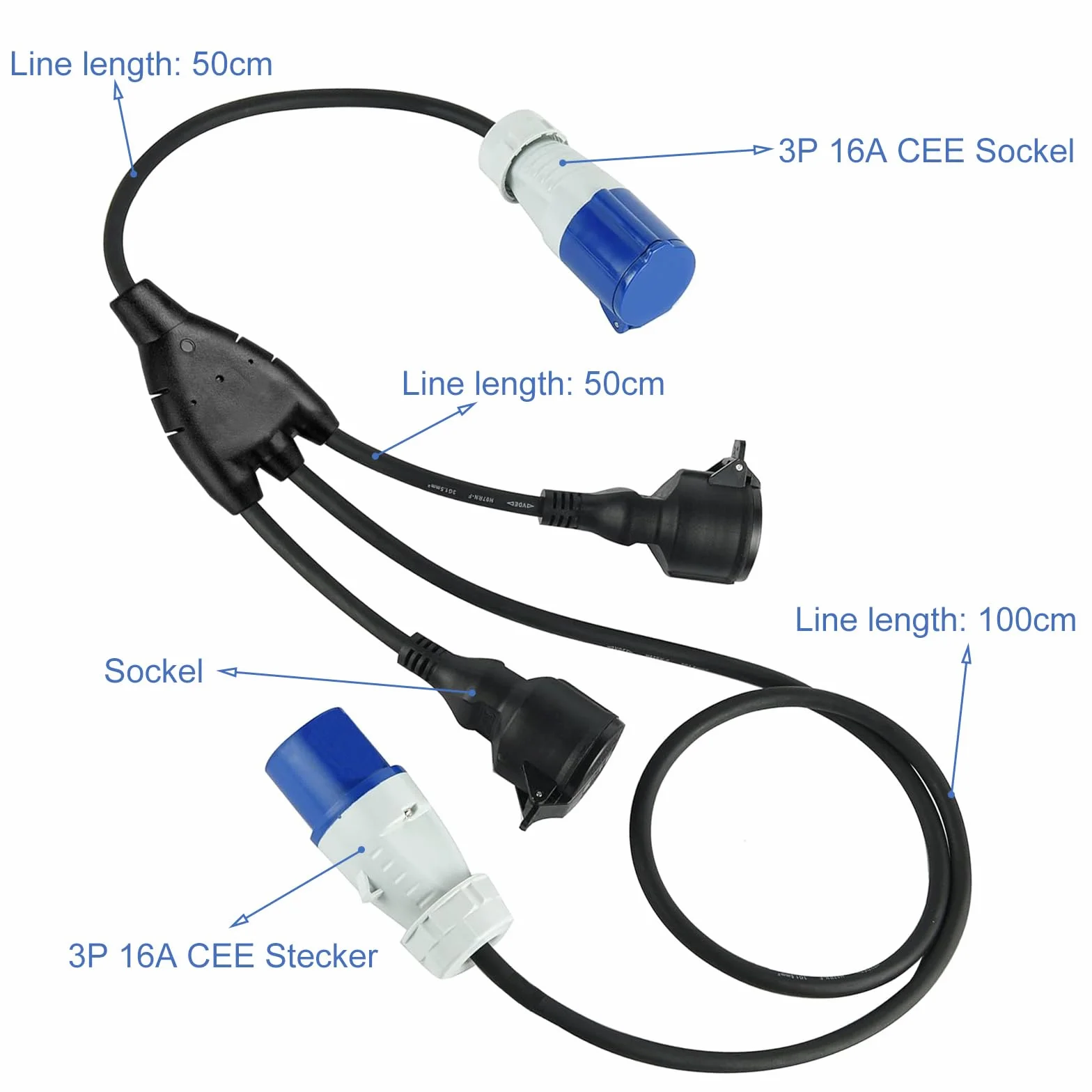 3-krotny przedłużacz do przyczep kempingowych, wtyczka CEE, kabel zasilający z 2 gniazdami Schuko + 1 przemysłowy CEE, gumowy kabel H07RN-F 3G1,5 mm, przedłużacz do kamperów