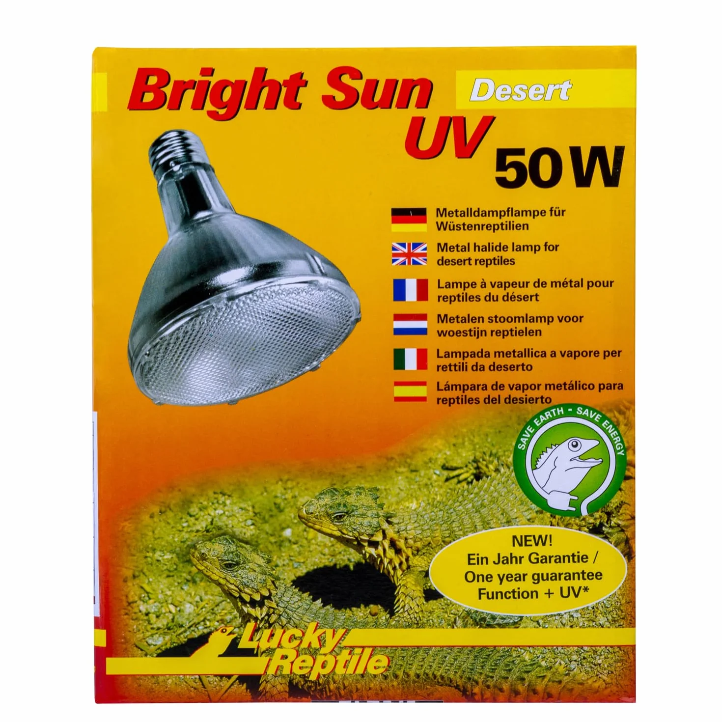 Lucky Reptile Bright Sun UV Desert - Metalowa lampa parowa 50W do opraw E27 - Lampa do terrarium ze światłem dziennym - Lampa grzewcza z promieniowaniem UVA UVB - Lampa dla gadów pustynnych