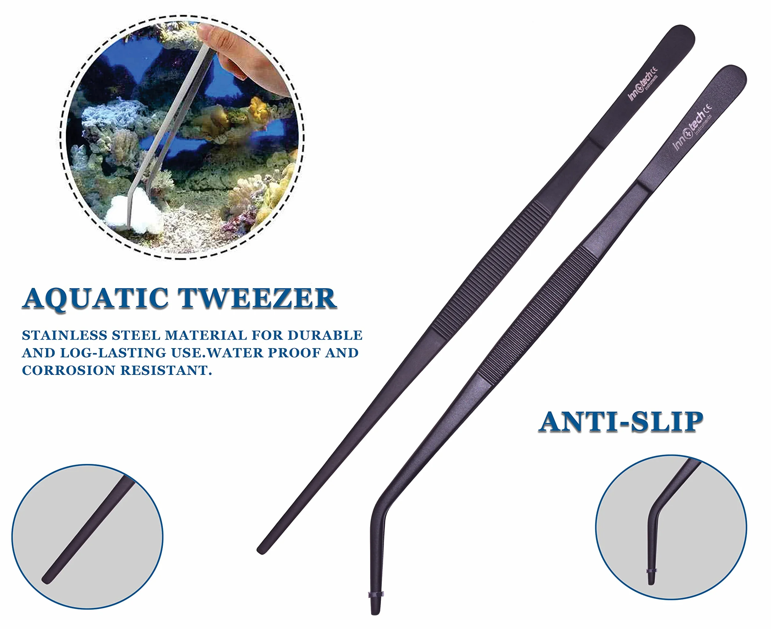 Innotech Aquascaping zestaw do czyszczenia akwarium, czarny kompletny zestaw narzędzi do pielęgnacji terrarium, ze stali szlachetnej (pęseta, nożyczki do roślin, szpatułka do żwiru)