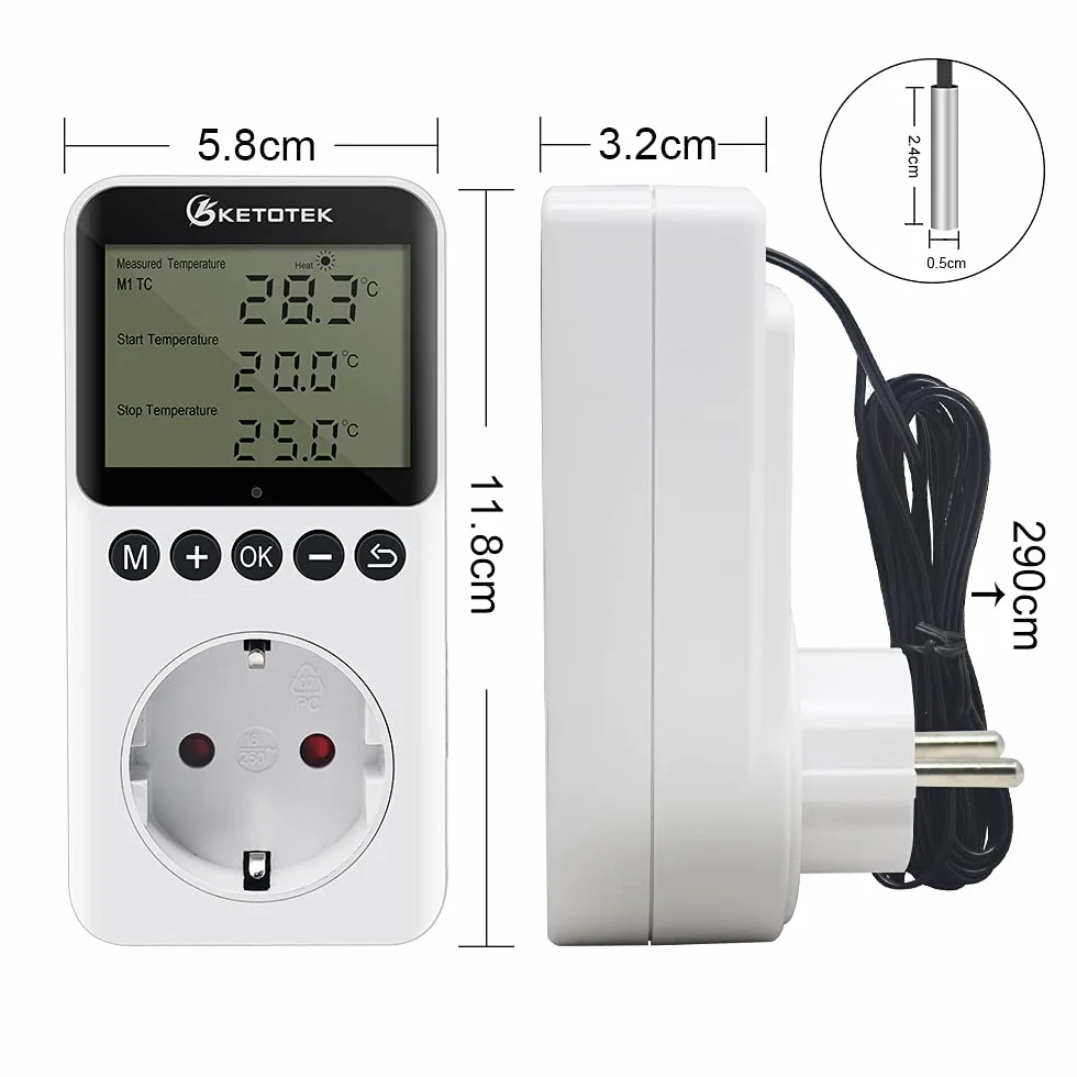 KETOTEK Wtyczka Termostatu Wylotowego z Dziennym Zegarem Nocnym Kontroler Temperatury Cyfrowego Ogrzewanie Chłodzenie 230V dla Gad Terrarium Grzałki Szklarnia Inkubator 220V