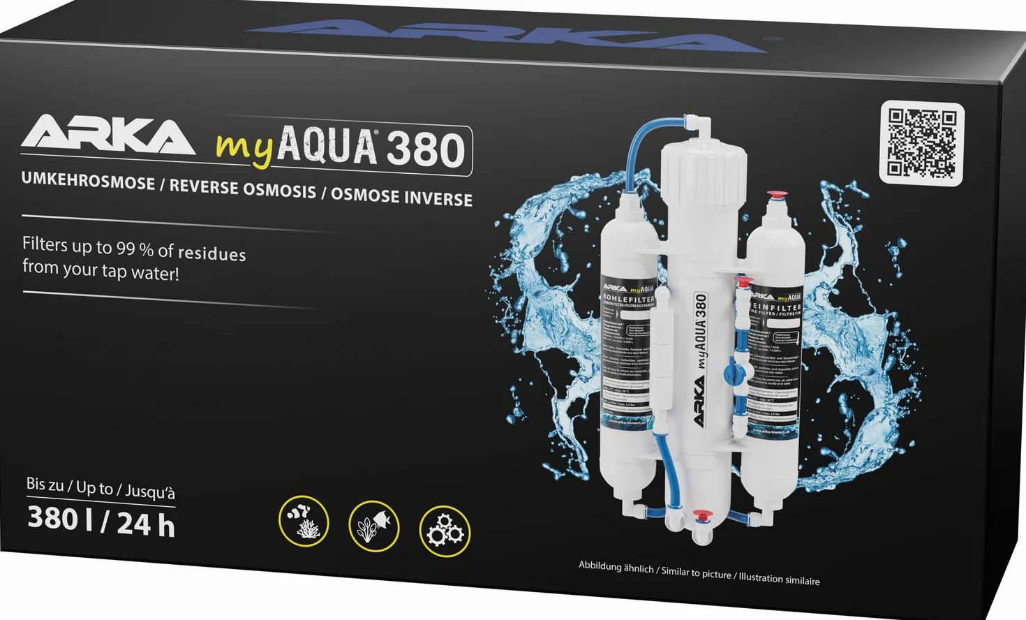 ARKA myAQUA® 380 system odwróconej osmozy na 380 l dziennie. Filtr wody i zmiękczacz do 99% zanieczyszczeń, sól i bakterie z wody. Idealny do każdego gospodarstwa domowego.
