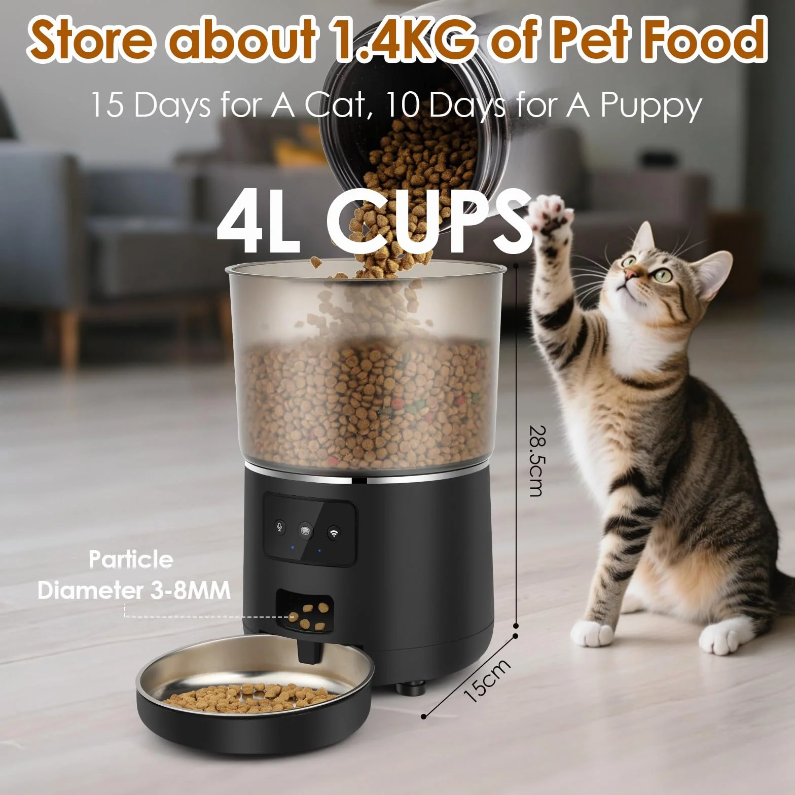 4 l WiFi, inteligentna karma dla kotów, z miską ze stali nierdzewnej, 1-10 posiłków dziennie, dozownik karmy dla kotów, sterowanie aplikacją
