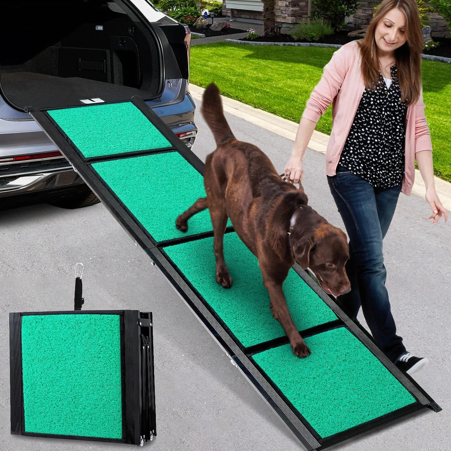 Rampa dla psów, 170 cm, składana, z antypoślizgową powierzchnią dywanu, schody dla psów, do SUV-ów, ciężarówek i schodów na zewnątrz, przenośna i trwała, dla dużych psów do 110 kg