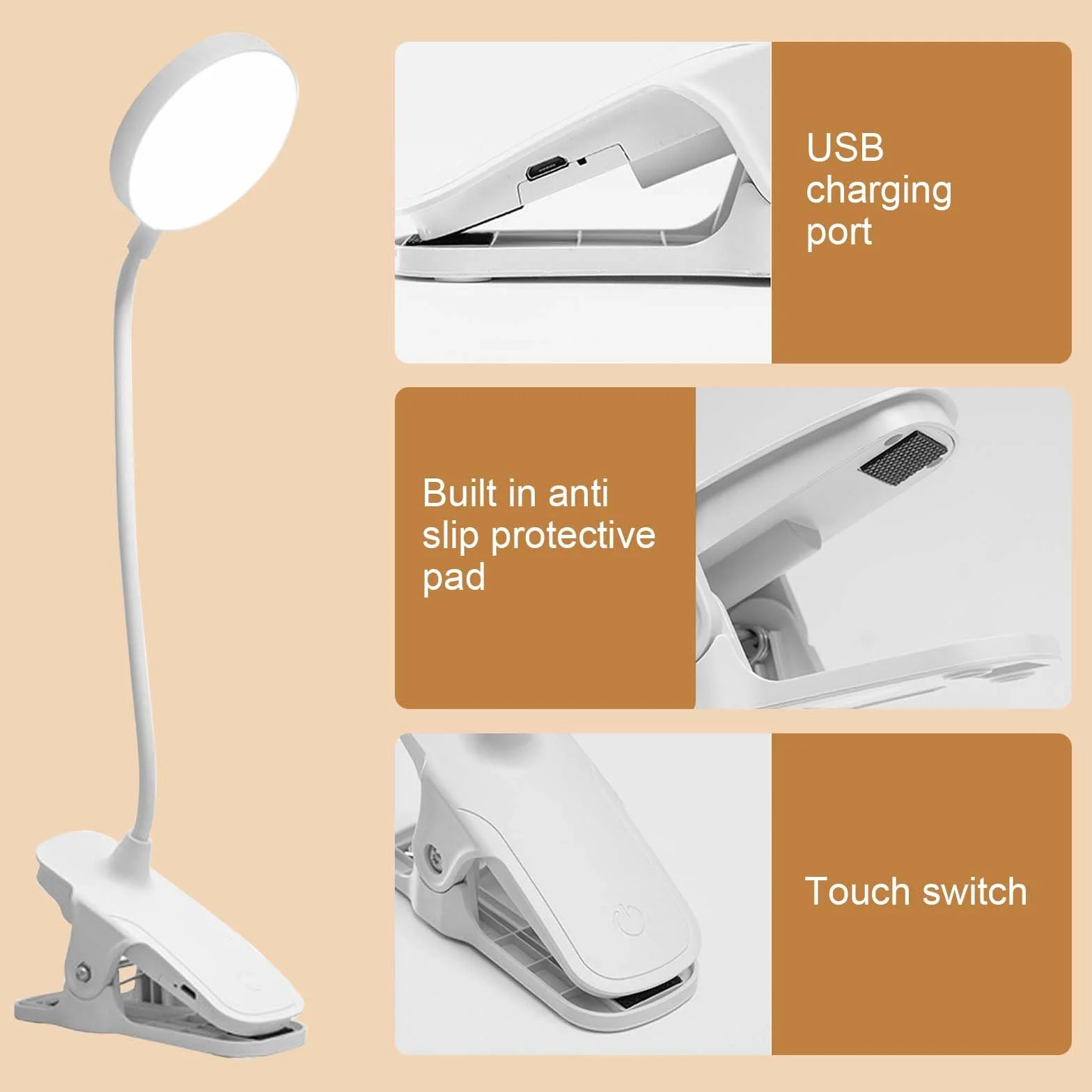 Lampa LED USB z klipsem dotykowym, 3 tryby oświetlenia, regulowana jasność, ochrona oczu, do biura, czytania, dla studentów, do akademika