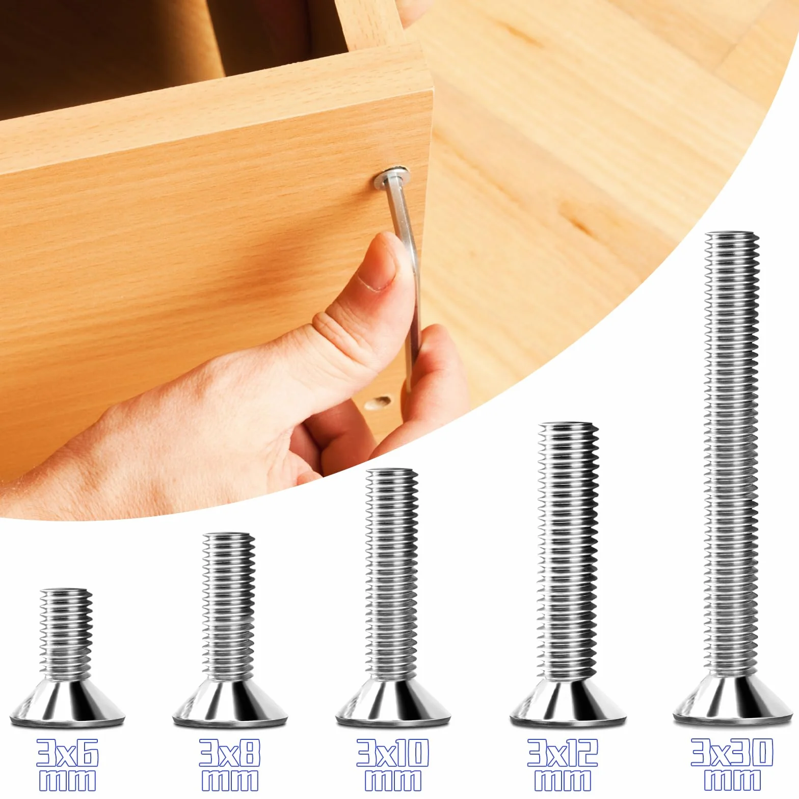 150 szt. śrub z łbem stożkowym ze stali nierdzewnej M3 x 30 mm, śruby z łbem sześciokątnym M3, śruby ze stali nierdzewnej, z łbem stożkowym, z 2 szt. sześciokątnych łeb wkrętaka, wkręty gwintowane