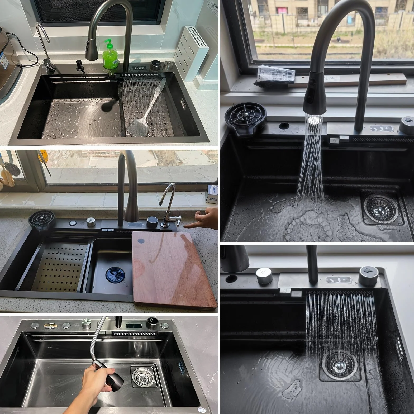 Nano Waterfall Sink Zlewozmywak kuchenny ze stali nierdzewnej 304, domowy, do warzyw, pojedynczy, zlew barowy, z wyciąganym kranem, myjka do kubków, kolor: A; wymiary: 75 x 46 cm
