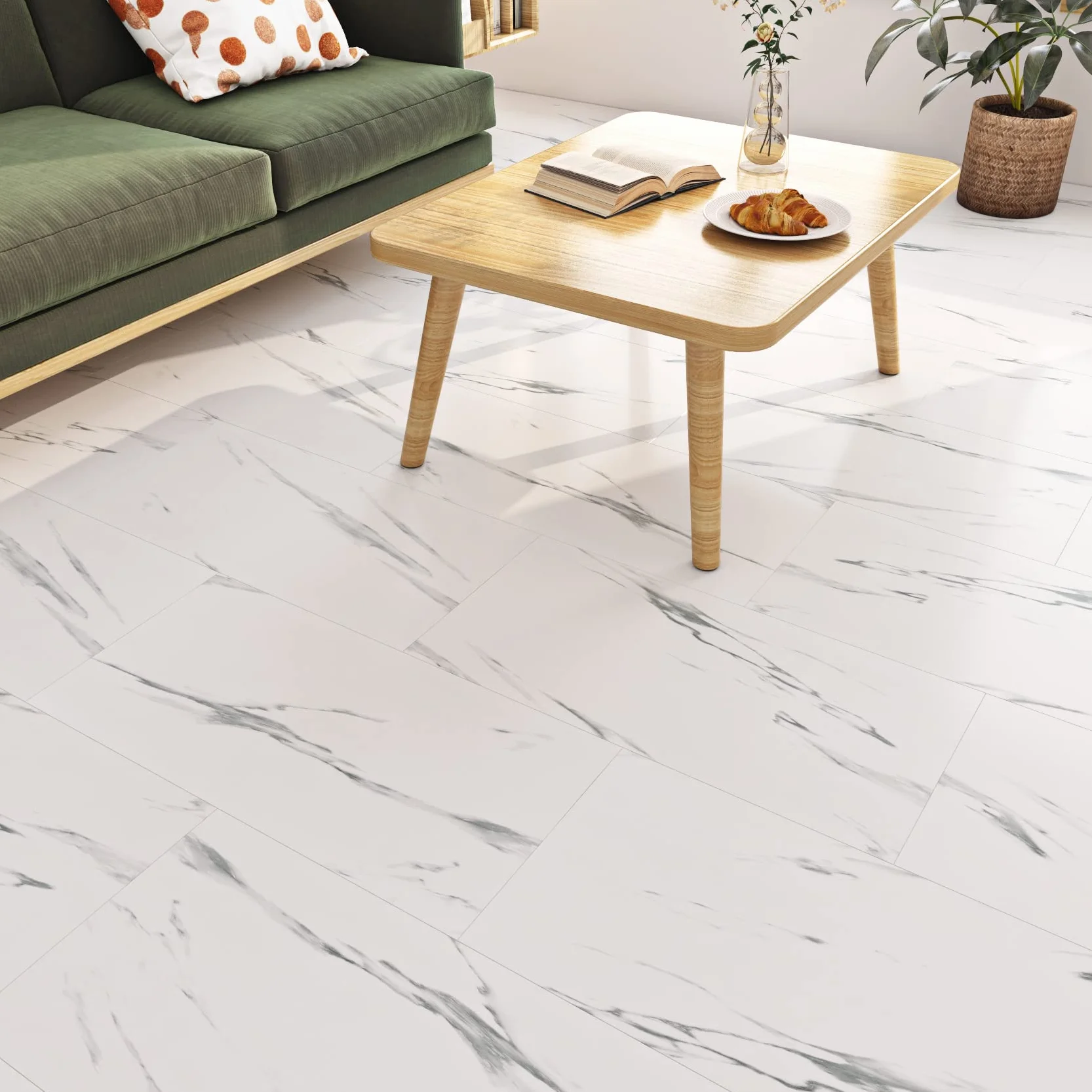 FunStick Samoprzylepna podłoga PCV Marble Look White 30×60CM 5 sztuk Płytki samoprzylepne Łazienka Płytki podłogowe Naklejki Kuchnia Winylowe płytki podłogowe Samoprzylepne marmurowe podłogi