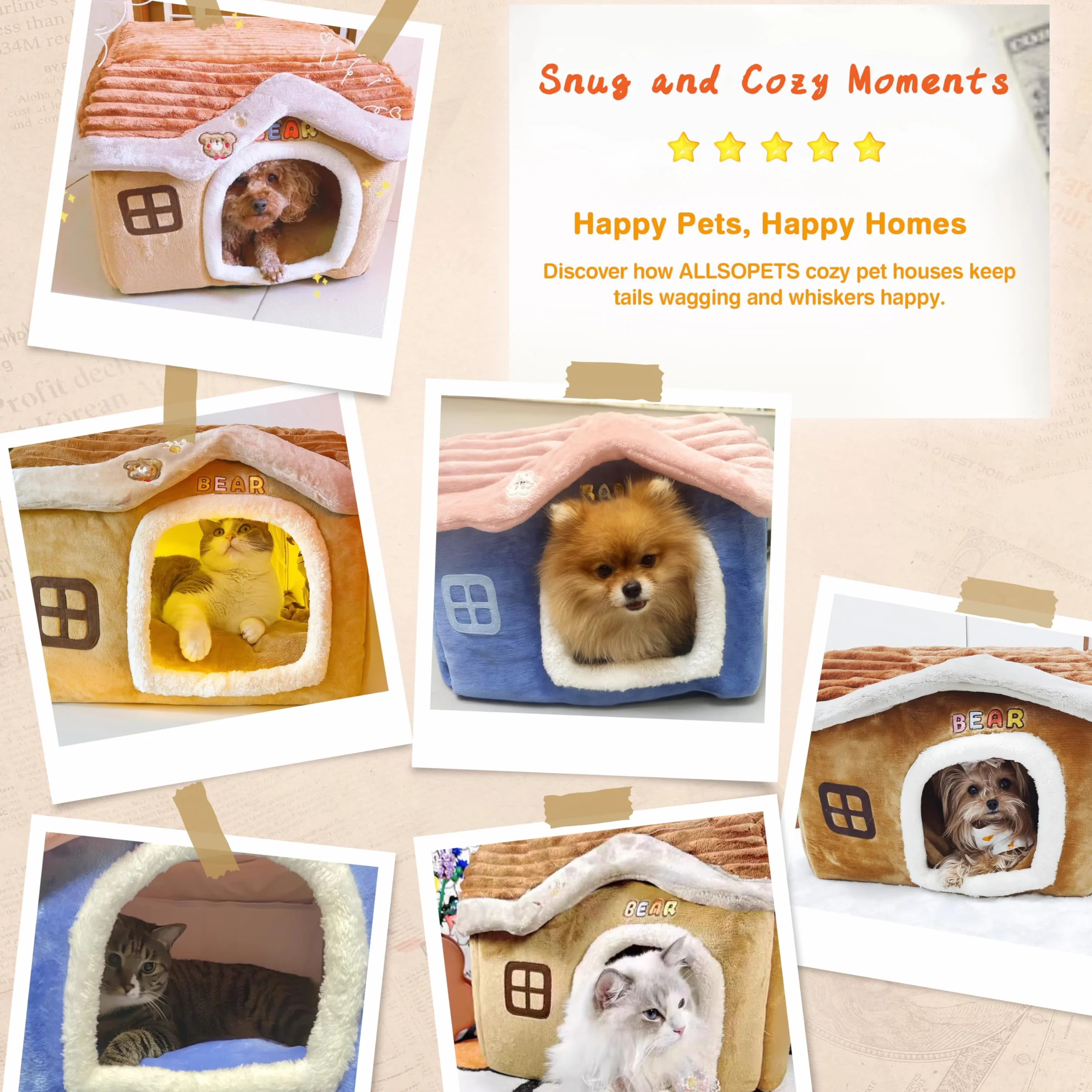 ALLSOPETS Ciepły Domek dla Kota i Psa, Składane Legowisko Jaskinia ze zdejmowaną poduszką, Miękkie i Pranie Legowisko dla Kociąt, Szczeniąt i Małych Zwierząt (Brązowy, M)