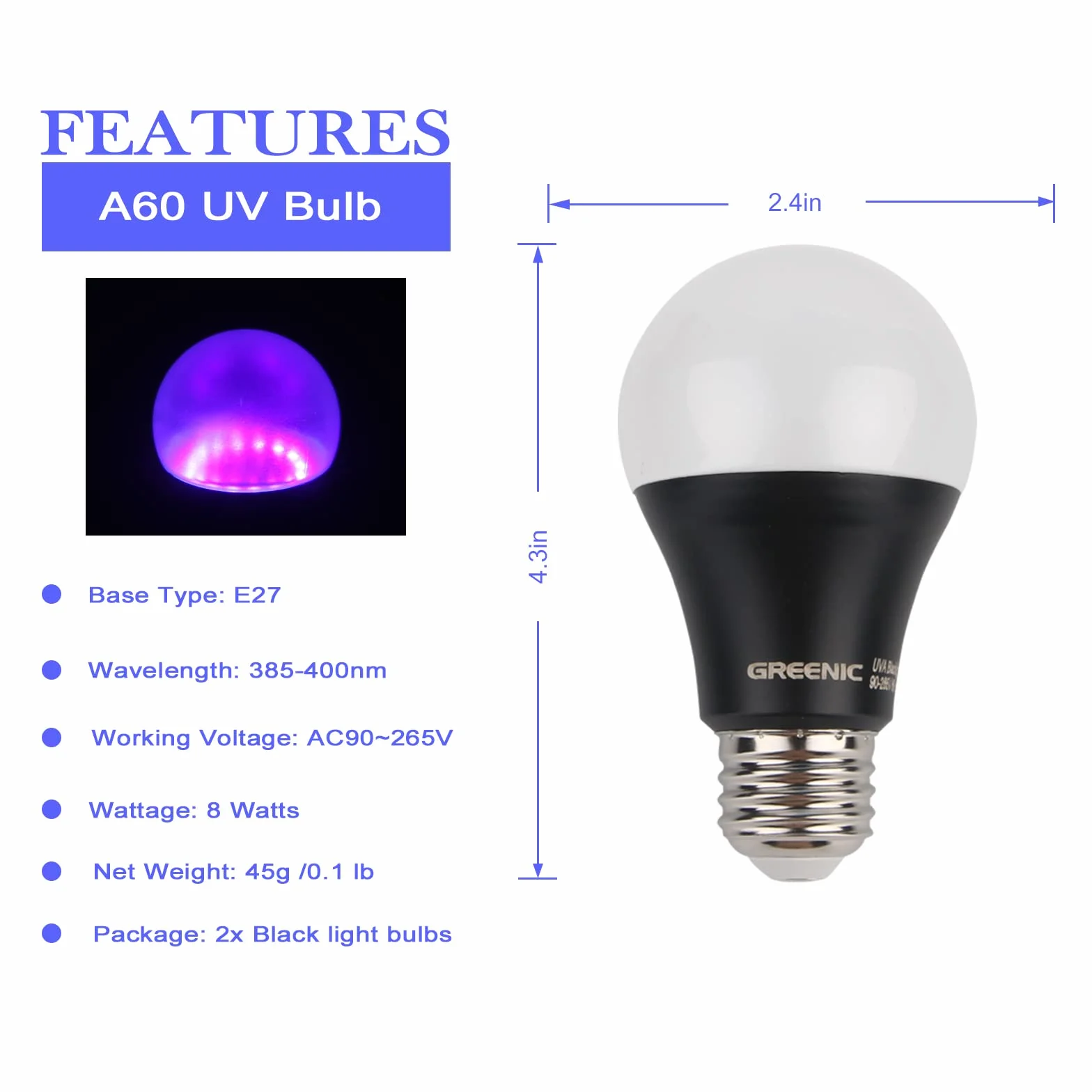 Czarne żarówki UV LED E27, 8 W (odpowiednik 60 W), świecące w ciemności, fioletowe lampy na Halloween, do domu, na imprezę, oświetlenie