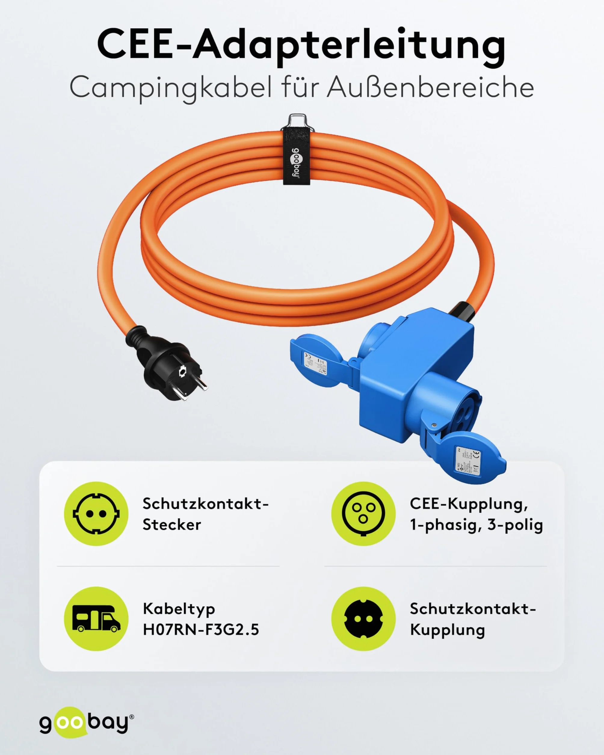 goobay Kabel adaptera CEE do przyczepy kempingowej, 1,5 m, wtyczka ze stykiem ochronnym do 90° CEE i gniazdkiem ochronnym ze stykiem ochronnym z nasadkami zamykającymi, kabel kempingowy, samochód