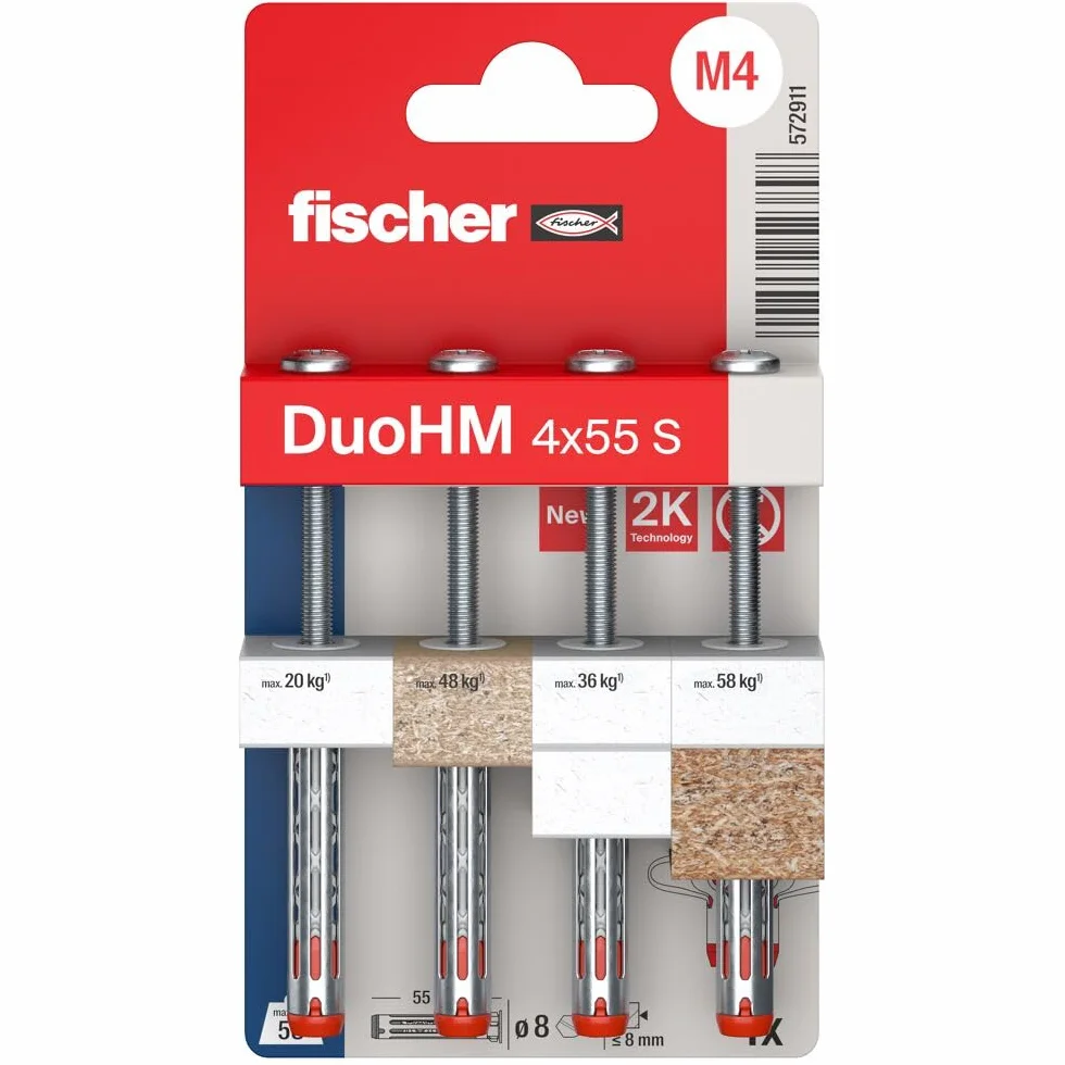 fischer 572911 DuoHM kołki rozporowe, 4 x 55 S PZ ze śrubą metryczną i napędem PZ do mocowania wsporników telewizyjnych, świateł, półek ściennych itp. w materiałach budowlanych panelowych (4 sztuki)