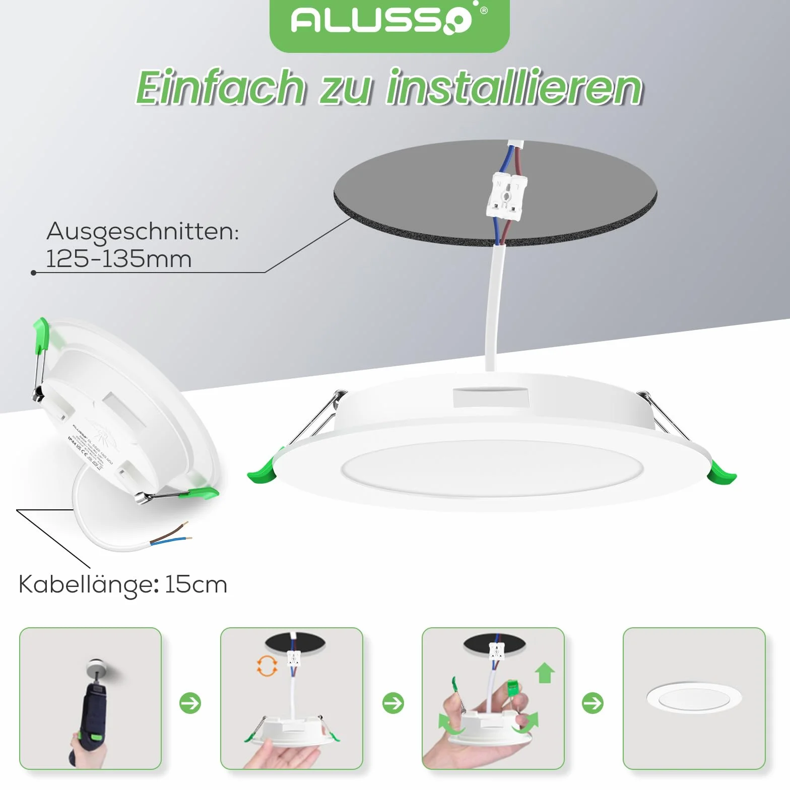 ALUSSO 6 sztuk bardzo płaskich, wpuszczanych reflektorów LED, 10 W, 230 V, 700 lm, ciepła biel, 3000 K, głębokość montażu 30 mm, IP44, do łazienki, salonu, kuchni