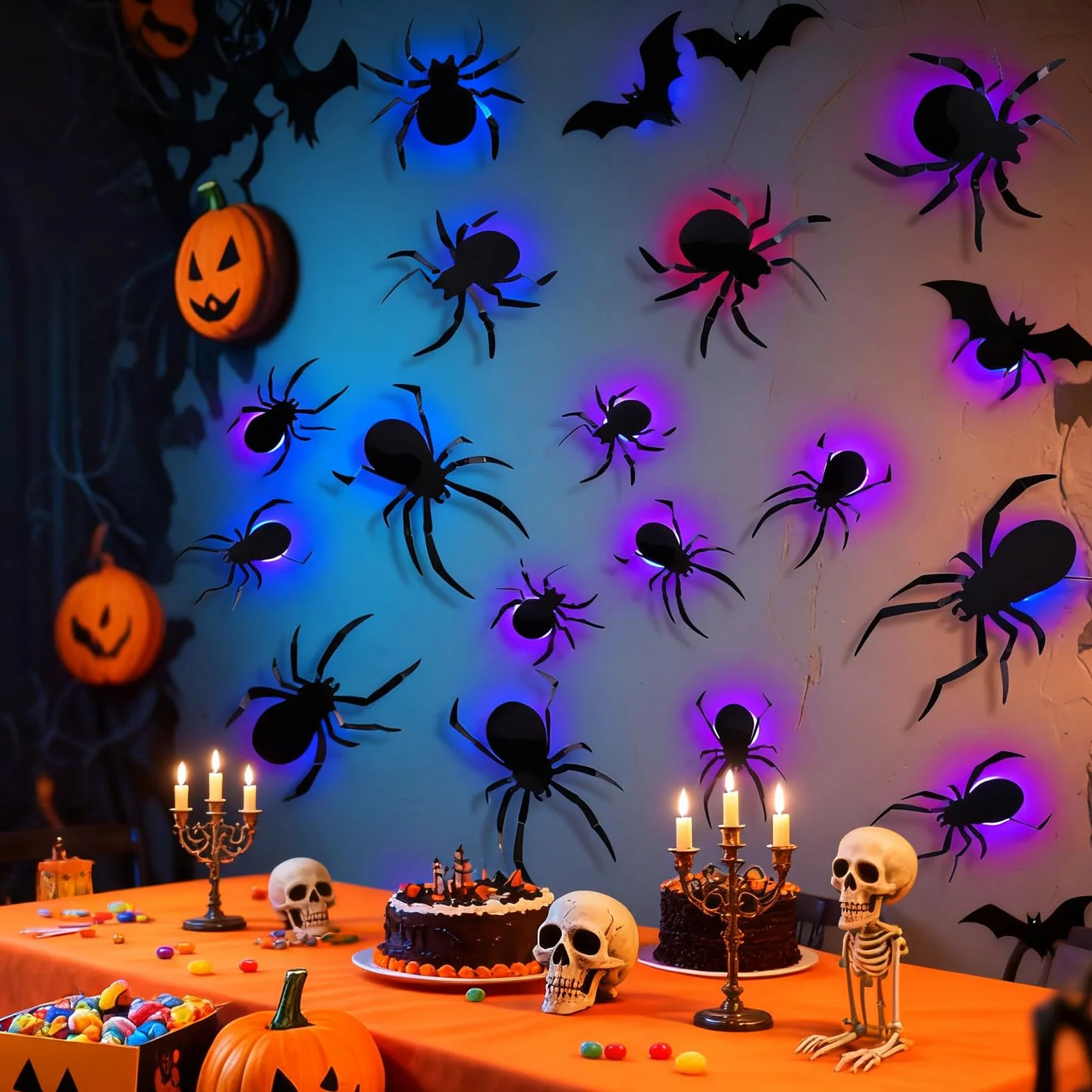 ALEGRE Dekoracja Halloween pająki 3D LED świecące naklejki ścienne 4 rozmiary