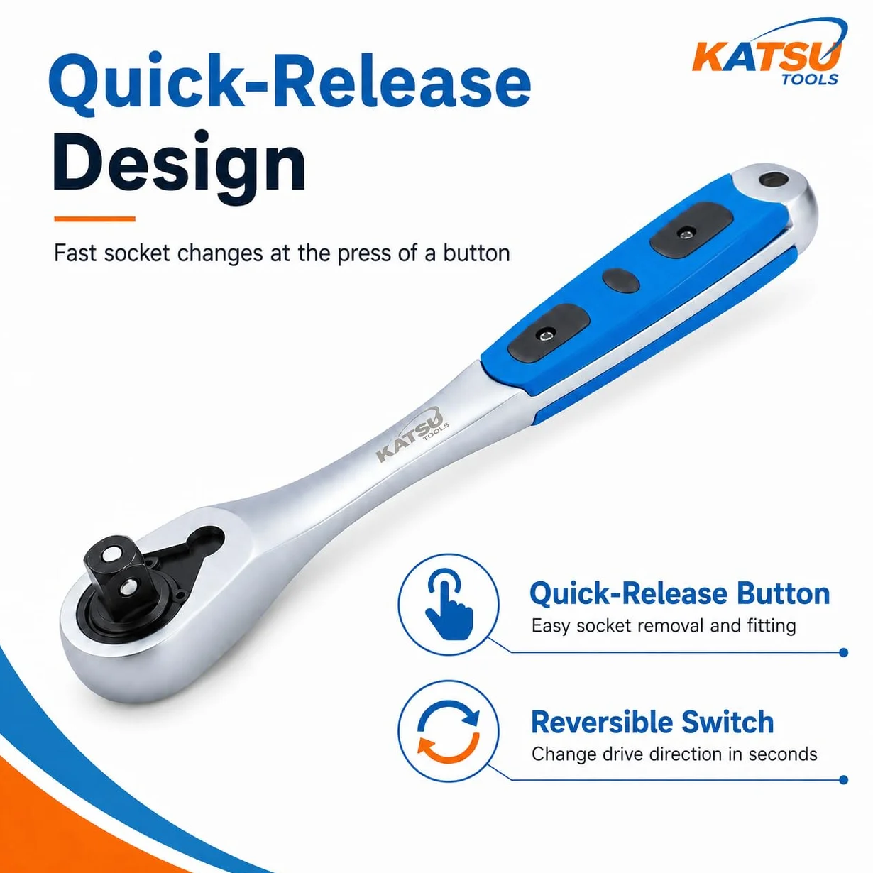 KATSU Tools 1/2-calowy kwadratowy napęd 90 zębów szybkie zwalnianie odwracalny klucz nasadowy z grzechotką, miękki uchwyt, stal CR-V, długość 260 mm 423909