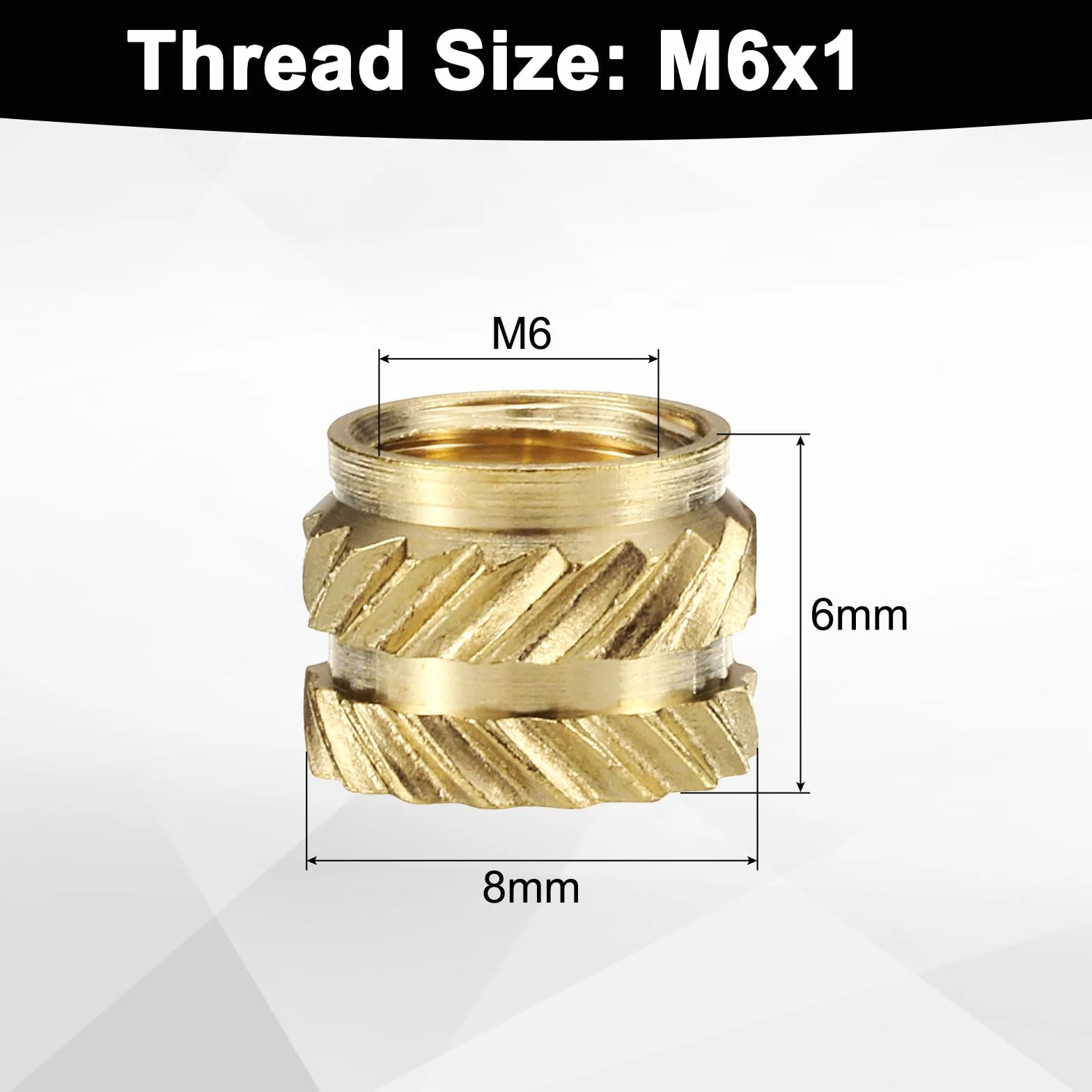 QUARKZMAN 50 szt. M6 x 6 mm, OD 8 mm mosiężne wkładki gwintowane, radełkowane nakrętki dociskowe, złoto