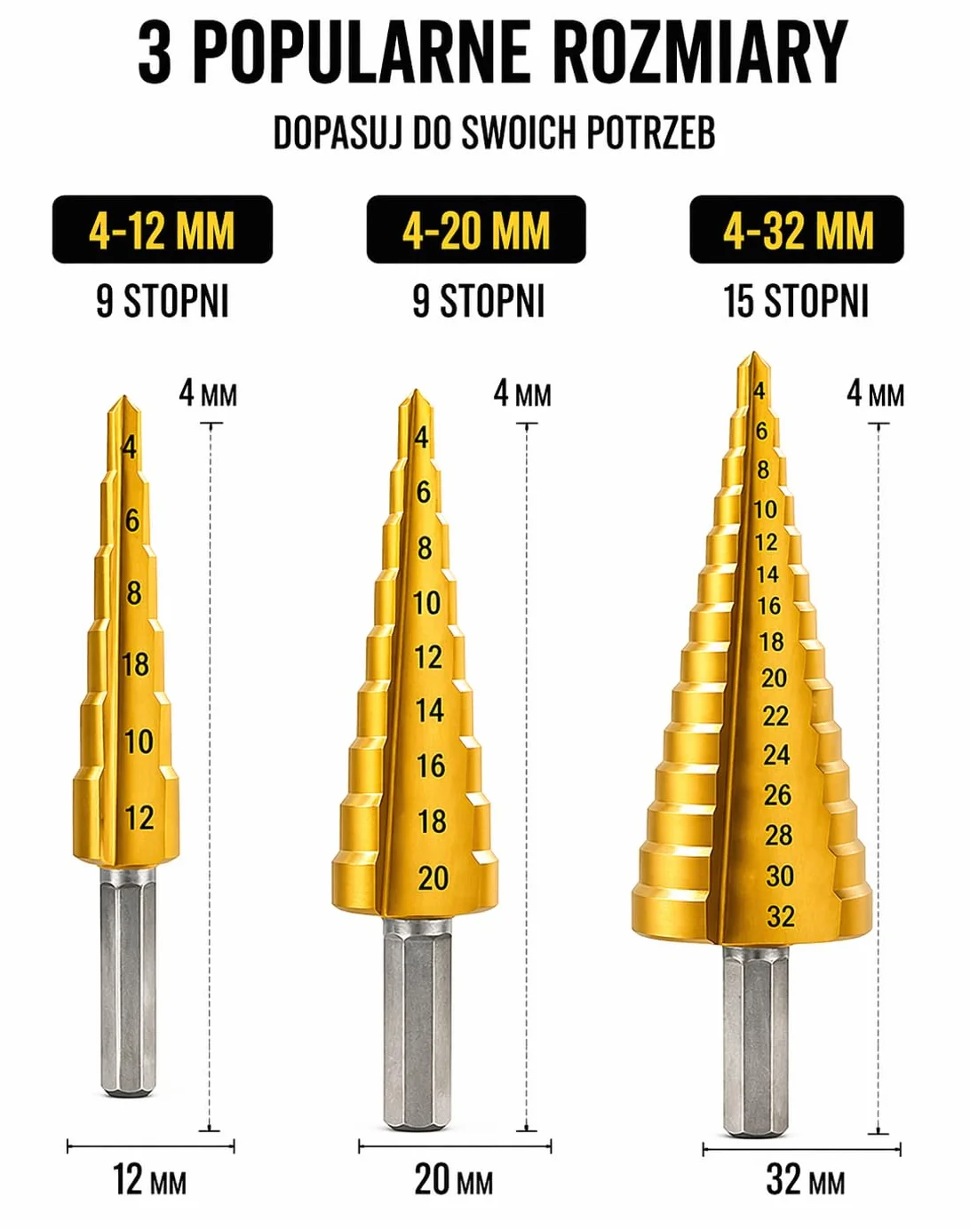 Zestaw Wiertła Stożkowe Stopniowe HSS Tytanowe 3 Szt do Metalu 4-12mm 4-20mm 4-32mm Wiertło Stopniowe do Blachy Aluminium Plastiku