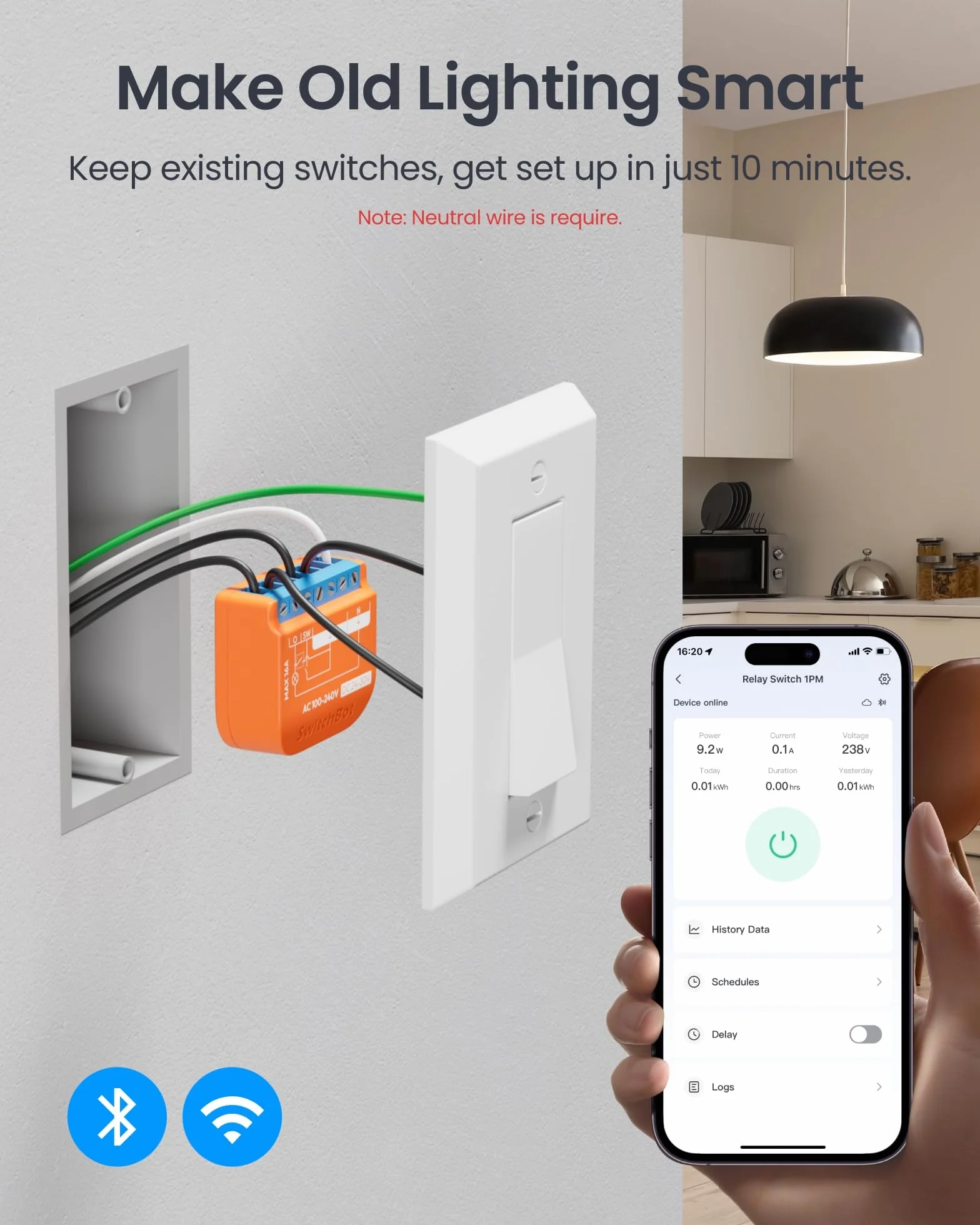 SwitchBot Matter Relais przełącznik 1PM Wi-Fi 16A kompatybilny z Alexa/Apple Home/Google Home