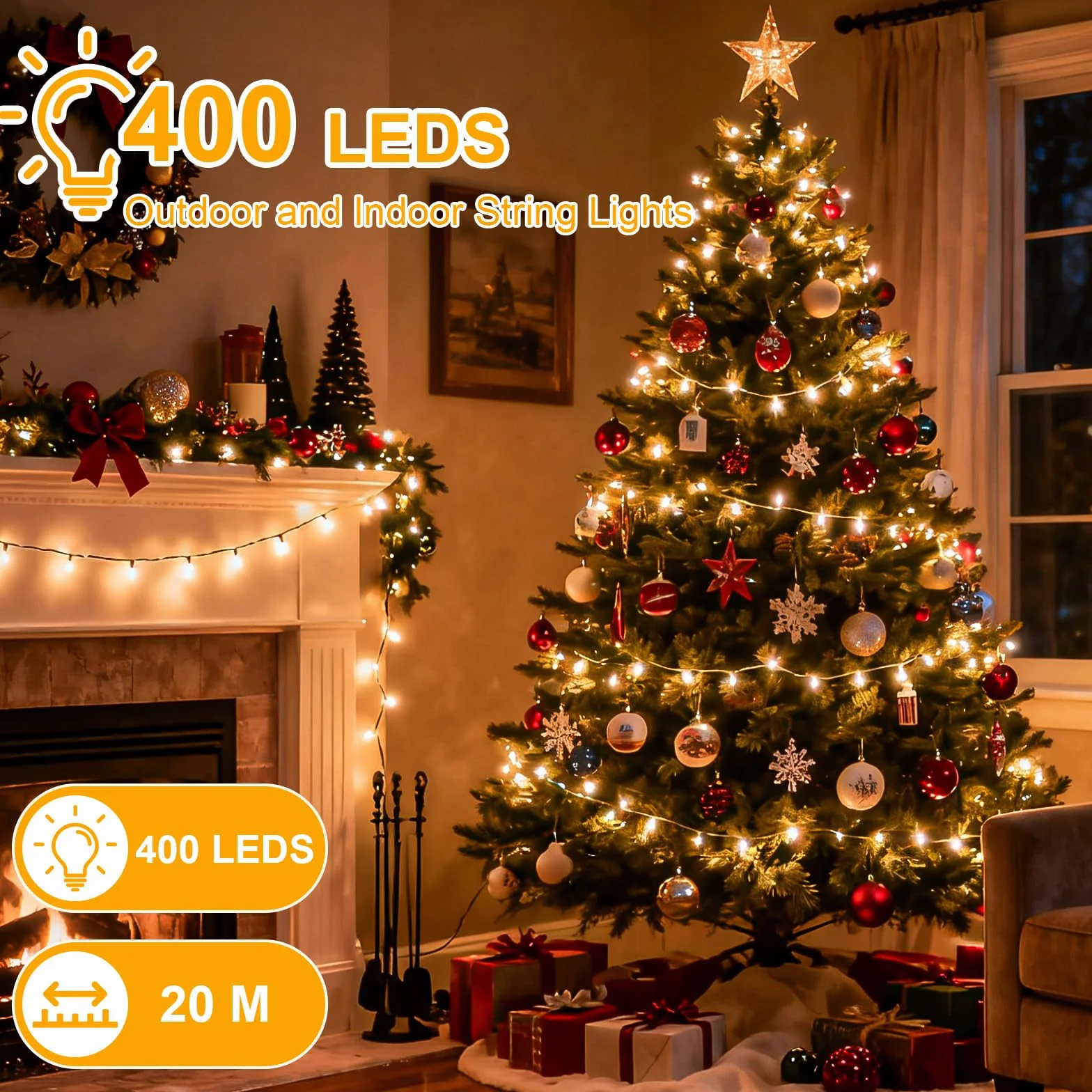 Lampki choinkowe LED 400 diod 20m, ciepłe białe, 8 trybów świecenia, pilot i timer 6h/18h, wodoodporne IP66, lampki Choinkowe Zewnętrzne i Wewnętrzne