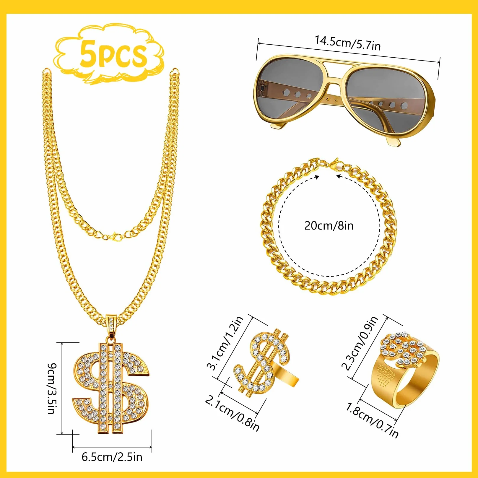 Kostium alfonsa 5 części Hip Hop Dollar Chain & Ring Shadow Wizard Money Gang Gold Chain Okulary przeciwsłoneczne 80s i 90s Strój męski Akcesoria Kostium karnawałowy