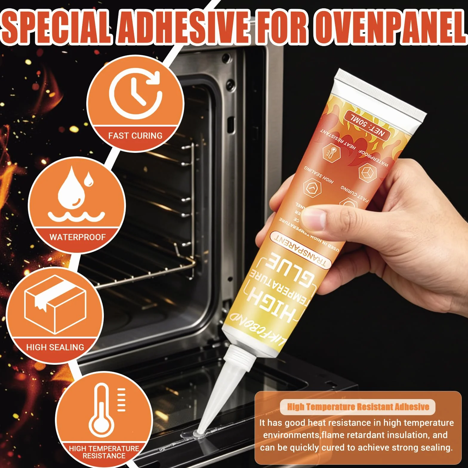Klej Wysokotemperaturowy, Silikonowy Uszczelniacz, Klej do Uszczelniania Pieców i Piekarników, Przezroczysty, do Kominków, Pieców, Piekarników i Osłon Termicznych, 2 Sztuki, 50ml