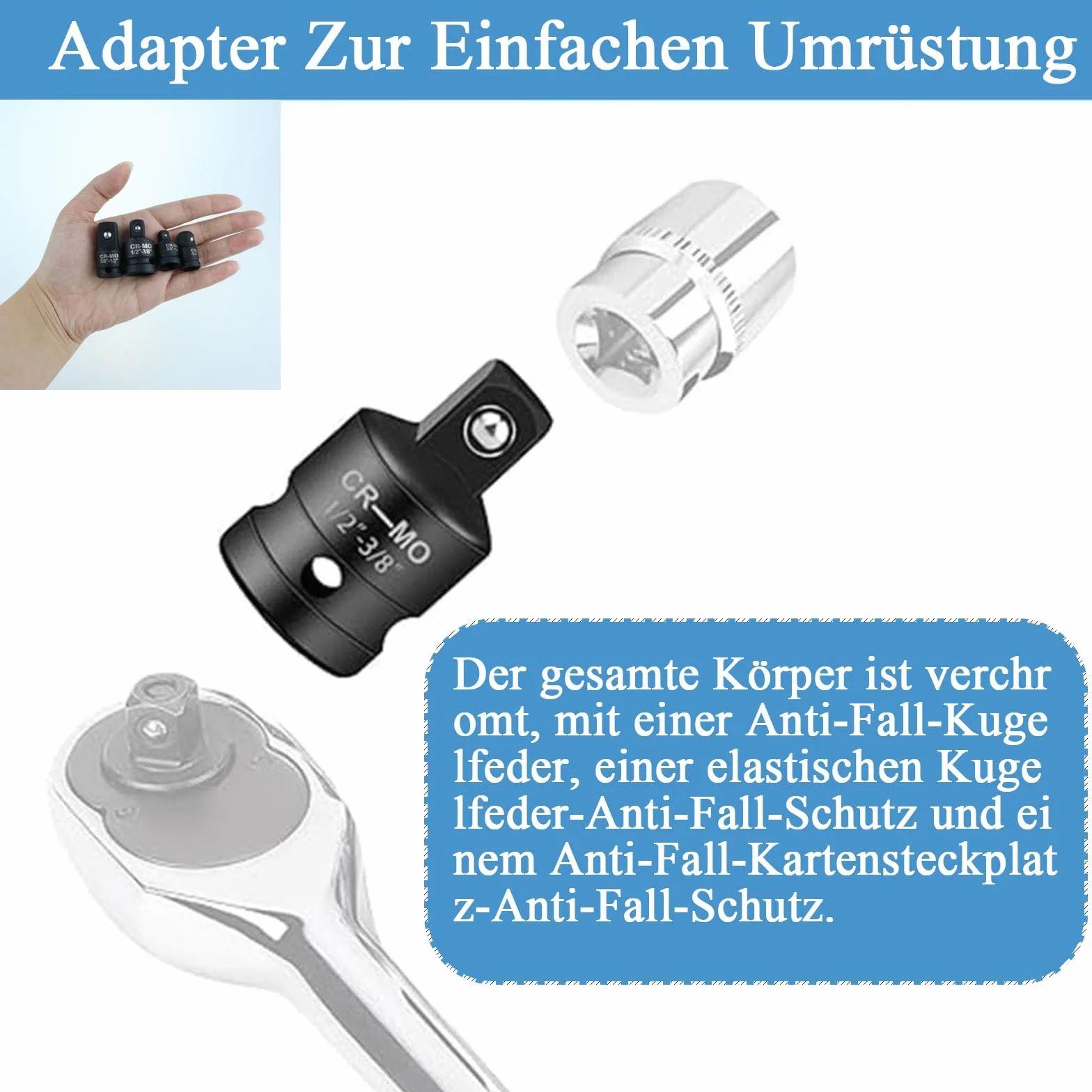 Zestaw adapterów nasadowych, 4 adaptery do kluczy nasadowych 1/2" na 3/8", 3/8" na 1/2", 3/8" na 1/4", 1/4" na 3/8" do kluczy nasadowych