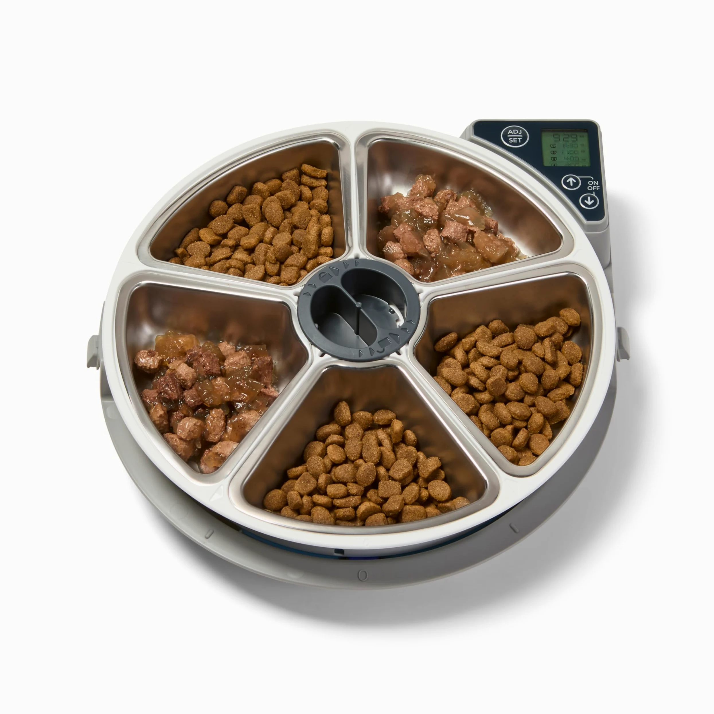Closer Pets C500 automatyczny karmnik dla zwierząt domowych na 5 posiłków, zawiera miski ze stali nierdzewnej, cyfrowy timer i podwójne opakowania na lód, do mokrej i suchej karmy, miski do 330 g