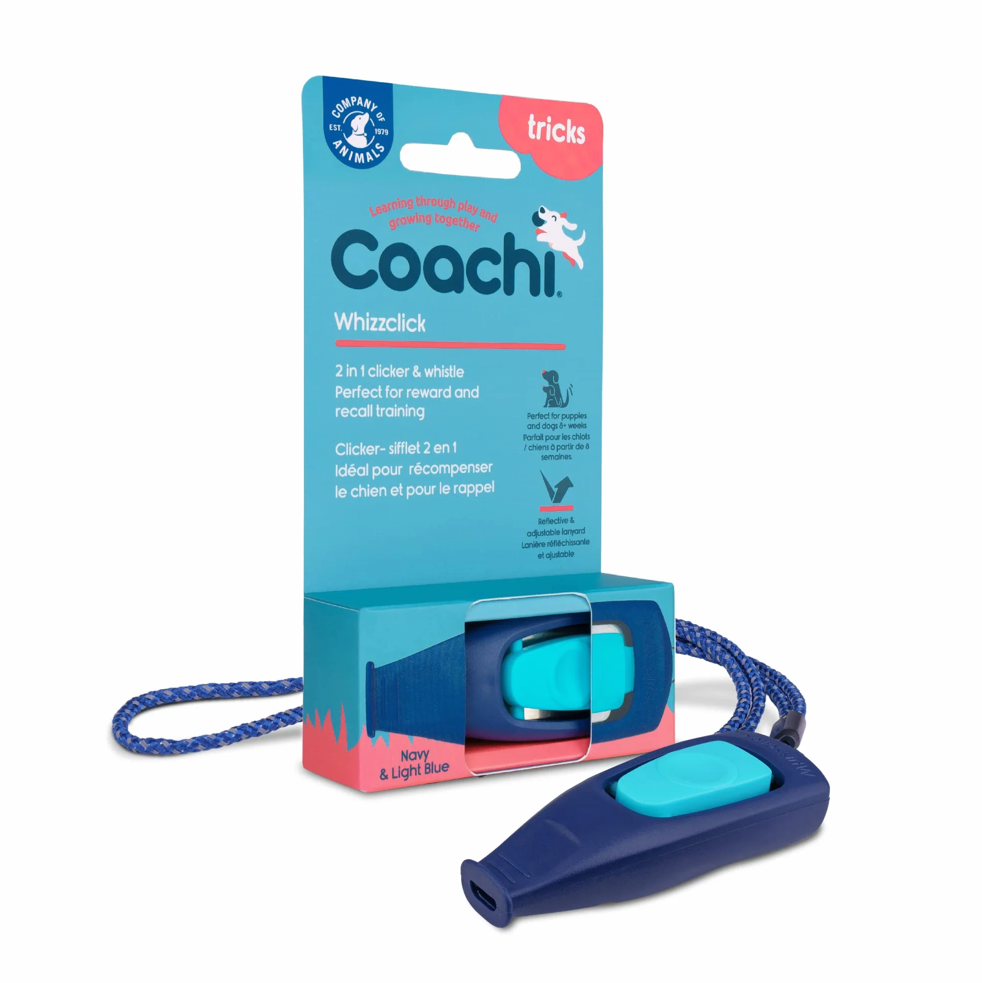 Coachi Whizzclick, 2-in-1 Combined Clicker and Whistle, Dog Training Whistle for Recall and Clicker Training for Rewarding, Adjustable and Reflective Lanyard, Suitable for Dogs and Puppies