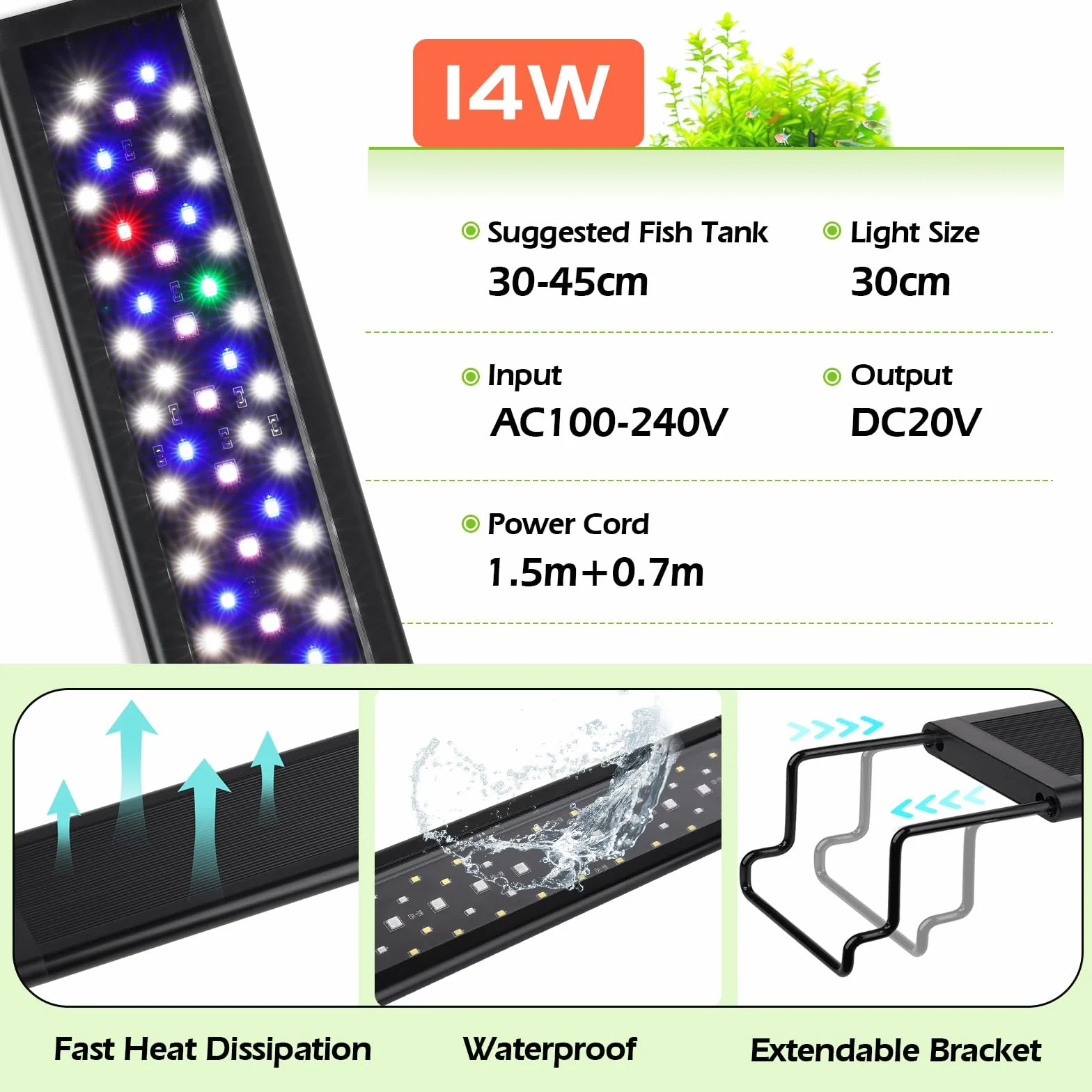Hygger Oświetlenie akwarium 14 W, lampa 24/7 z 9 kolorami i 10 regulowanymi jasnościami do zbiorników 30-45 cm