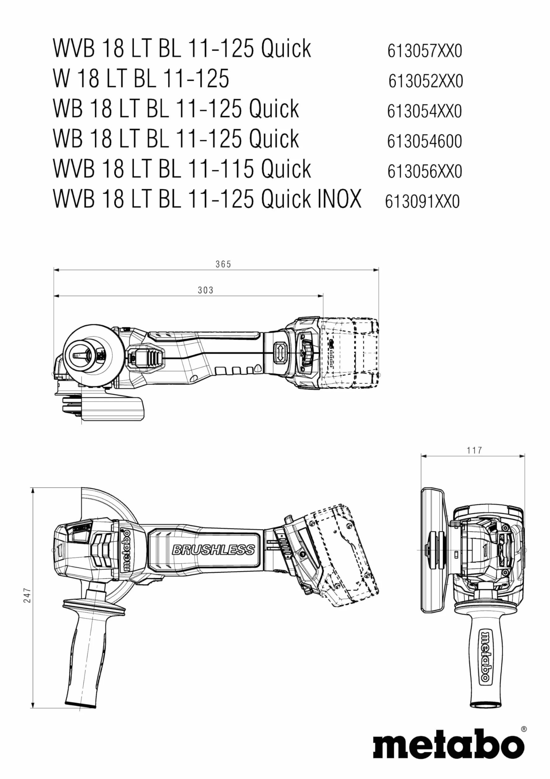 metabo Akumulatorowa szlifierka kątowa WVB 18 LT BL 11-125 Quick – 18 V, średnica tarczy 125 mm – silnik bezszczotkowy, regulacja prędkości obrotowej, nakrętka szybkomocująca, system hamulcowy, osłona