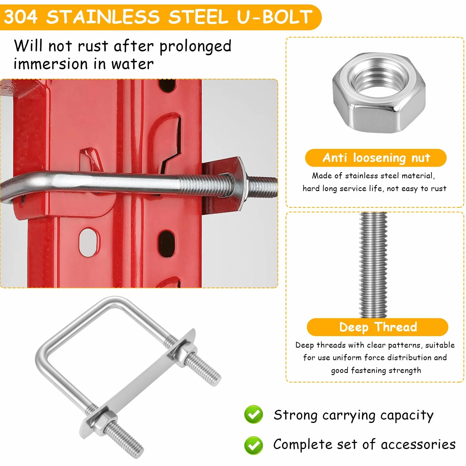 6 sztuk U Bolt, U Bolts M8 50 x 80 mm, metalowe zaciski U, kwadratowe śruby U ze stali nierdzewnej, z nakrętkami i podkładkami do mocowania rur, przyczepy samochodowe