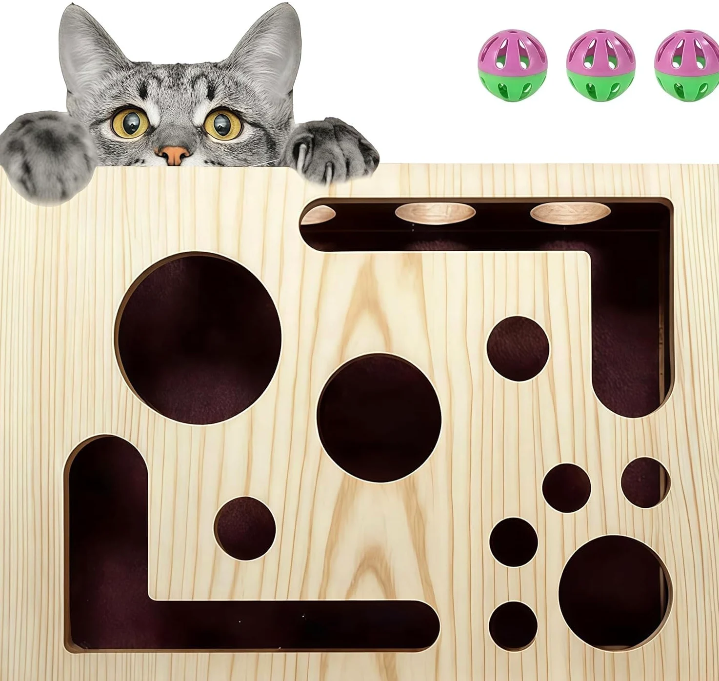 Pudełko-puzzle do pilnikowania pazurów dla kotów z kulką z dzwoneczkiem i papierem ściernym