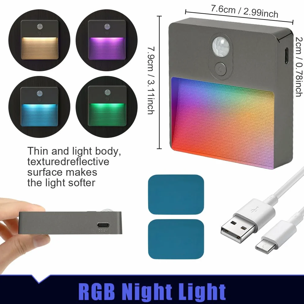 HOTUT Lampka nocna z czujnikiem ruchu, lampki nocne zasilane bateriami, ciepłe światło, 4 kolory RGB, automatyczne włączanie/wyłączanie, światła z czujnikiem schodów wewnątrz, lampka nocna na schody