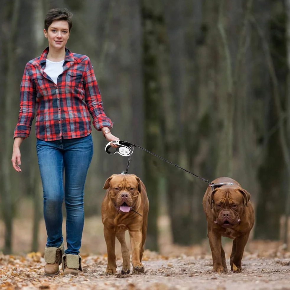 EXPAWLORER Wysuwana Smycz dla Psa - Nieplącząca Się, Trwała Nylonowa Taśma, 5 m, Wytrzymałe Podwójne Smycze dla Małych i Dużych Psów do 36 kg, z Hamulcem