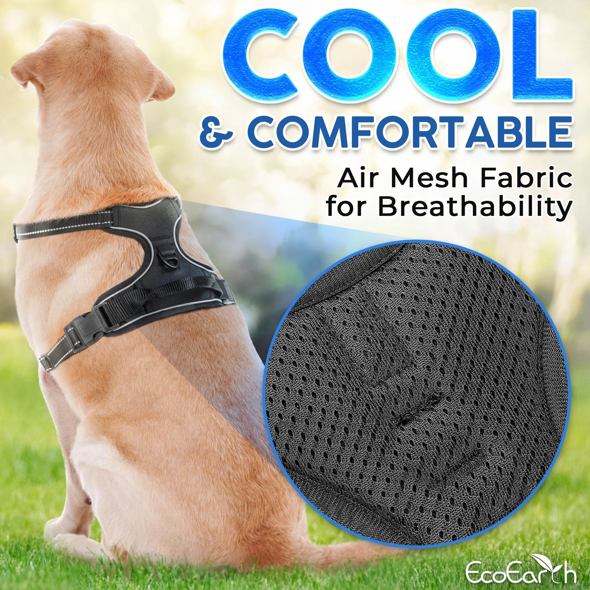 Dog Harness for Medium Dogs - Medium, Black - Soft Padded, Adjustable No Pull Design Pet Harness for Running and Hiking - by EcoEarth