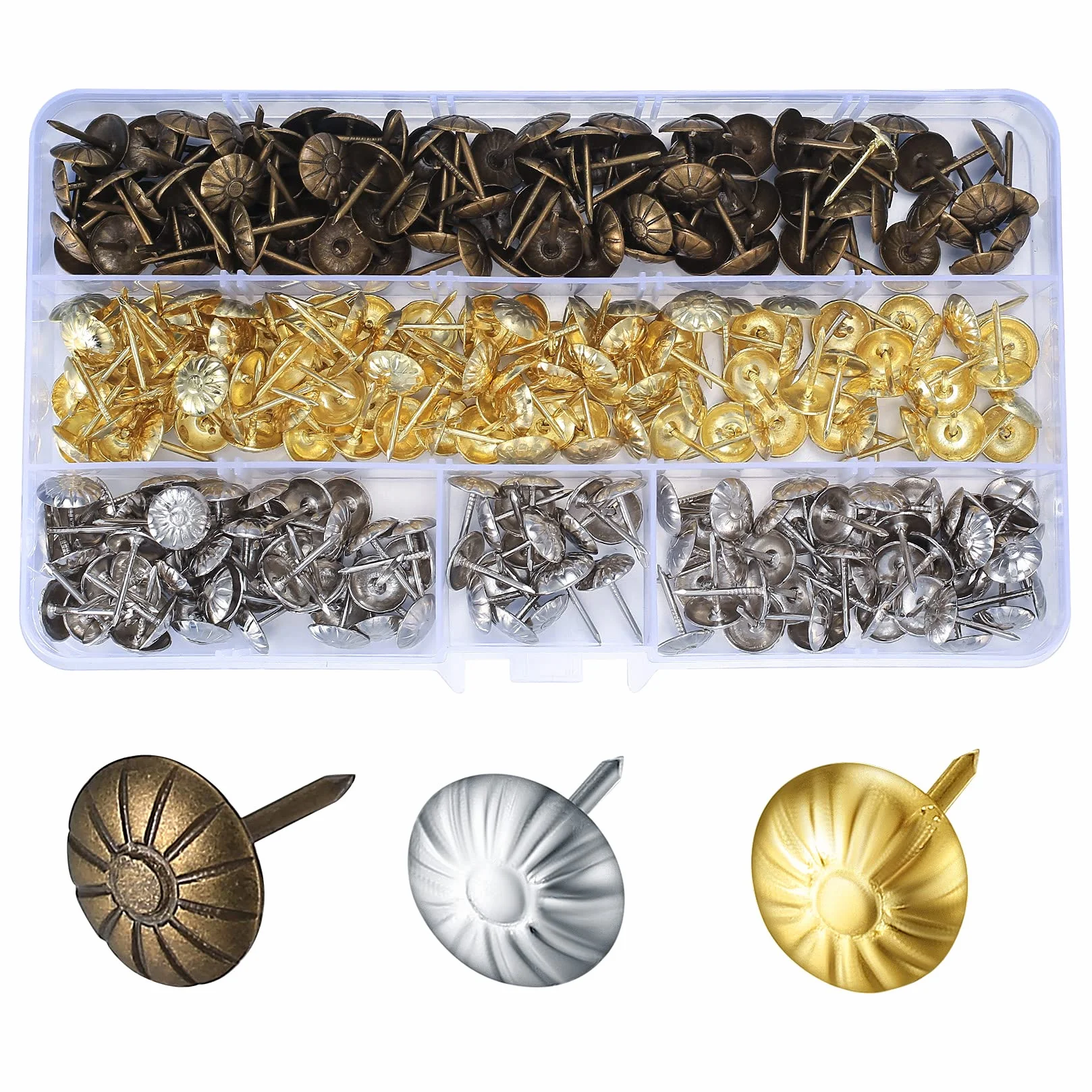 450 sztuk gwoździ tapicerskich, dekoracyjnych pinezek do mebli, ozdobnych pinezek do sofy, krzesła, fotela, łóżka, antyczne – 11 x 17 mm/brąz, złote, srebrne