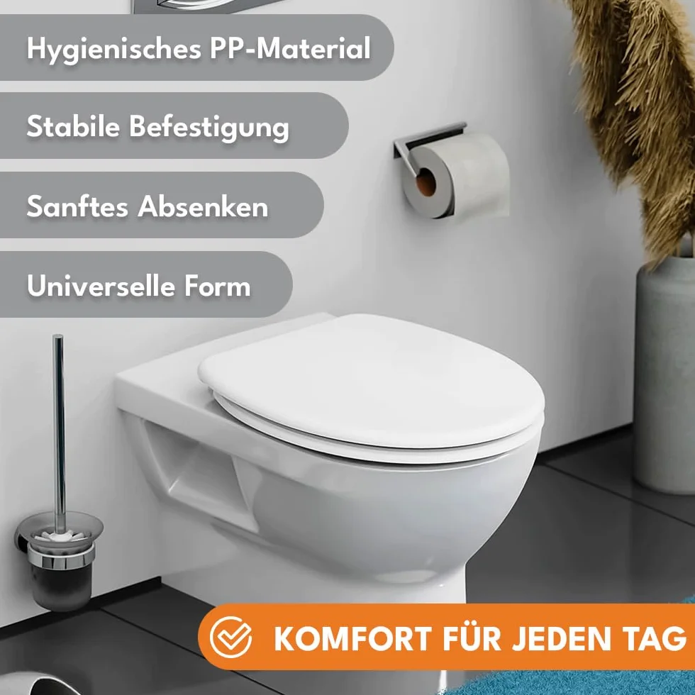 KRUMAD Deska sedesowa z wolnym opadaniem - uniwersalna klapa WC z systemem Soft-Close, regulowanym rozstawem 13–20 cm i szybkim montażem - solidna klapa PP z zestawem montażowym