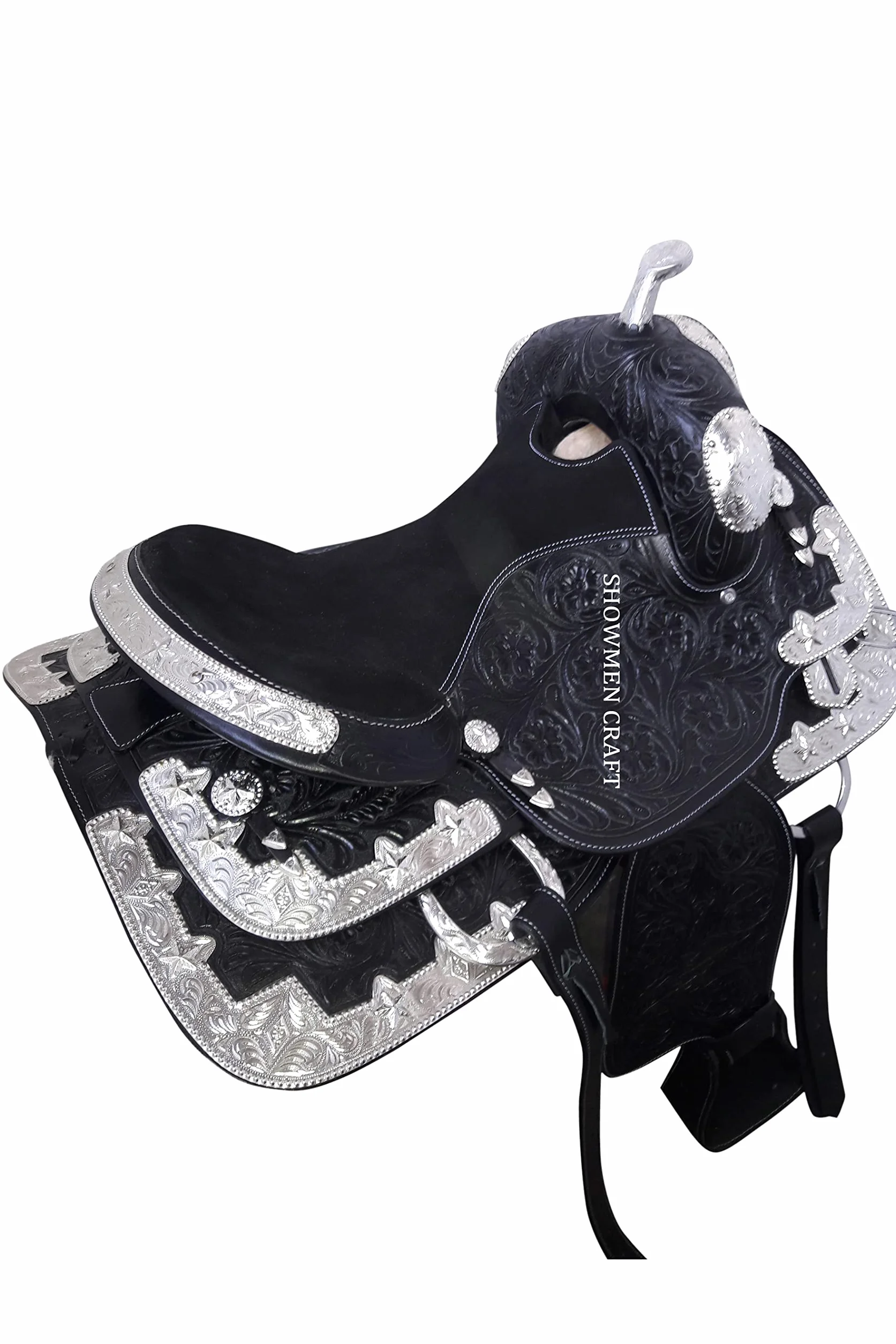 Western Saddle dekoracyjny srebrny strój wystawowy z nakryciem głowy i rozmówcą piersi 40 cm