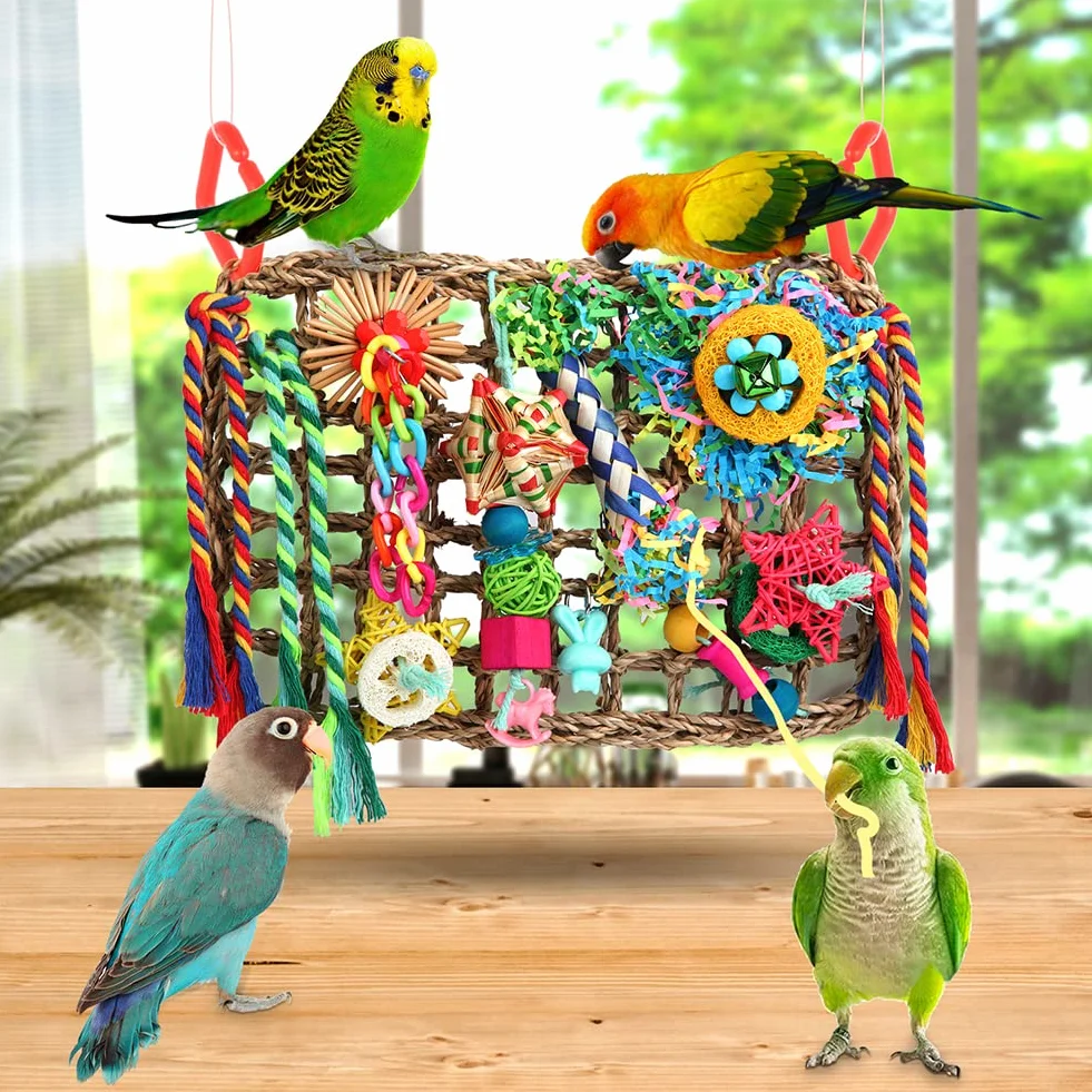 Zabawki do żerowania papugi Cockatiel Conures Lovebirds - ściana z trawy morskiej z różnymi zabawkami dla ptaków